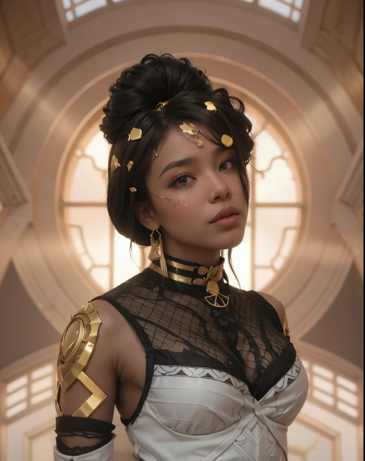 Woman naked only in gold body jewelry, flying in the sky on the futuristic antigraviti hoverbord ((She is in the jungle, siting on flying gold disc)) , siting on disc, She flying, flying hoverbord, Highly Detailed Face and Skin Texture, big green eyes, juicy lips, bimbo lips, white skin, pale skin, fair complexion (afro curly Black hair), (pale skin), Detailed Eyes, Double Eyelids, afro curly black hair, gold metal cyberpunk tapes, metal Collar, metal gold futuristic ((vaginal piercing)), gold jewelry on wet body, wet skin. She is naked, puffy breast, gold substance on the naked breast, naked, White skin, she is on the futuristic cyberpunk flying disc drone in the jungle, futuristic cyberpunk pilot helmet on head. Piercing in the nose.
