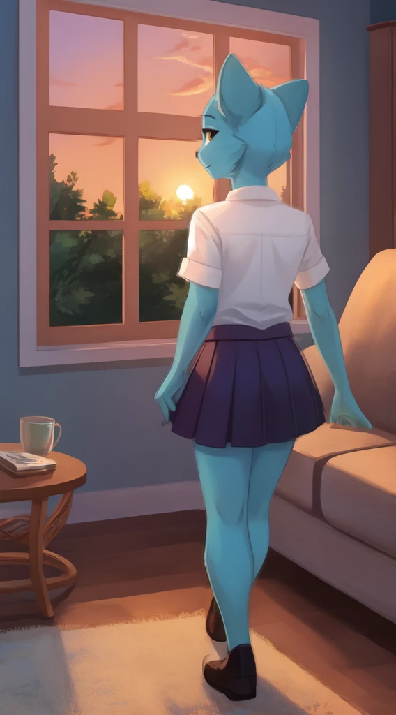 Nicole Watterson ,child,Cat Girl, skirt, White short sleeve shirt, background: Typical American house, living room, Beautiful sunset in the window, 