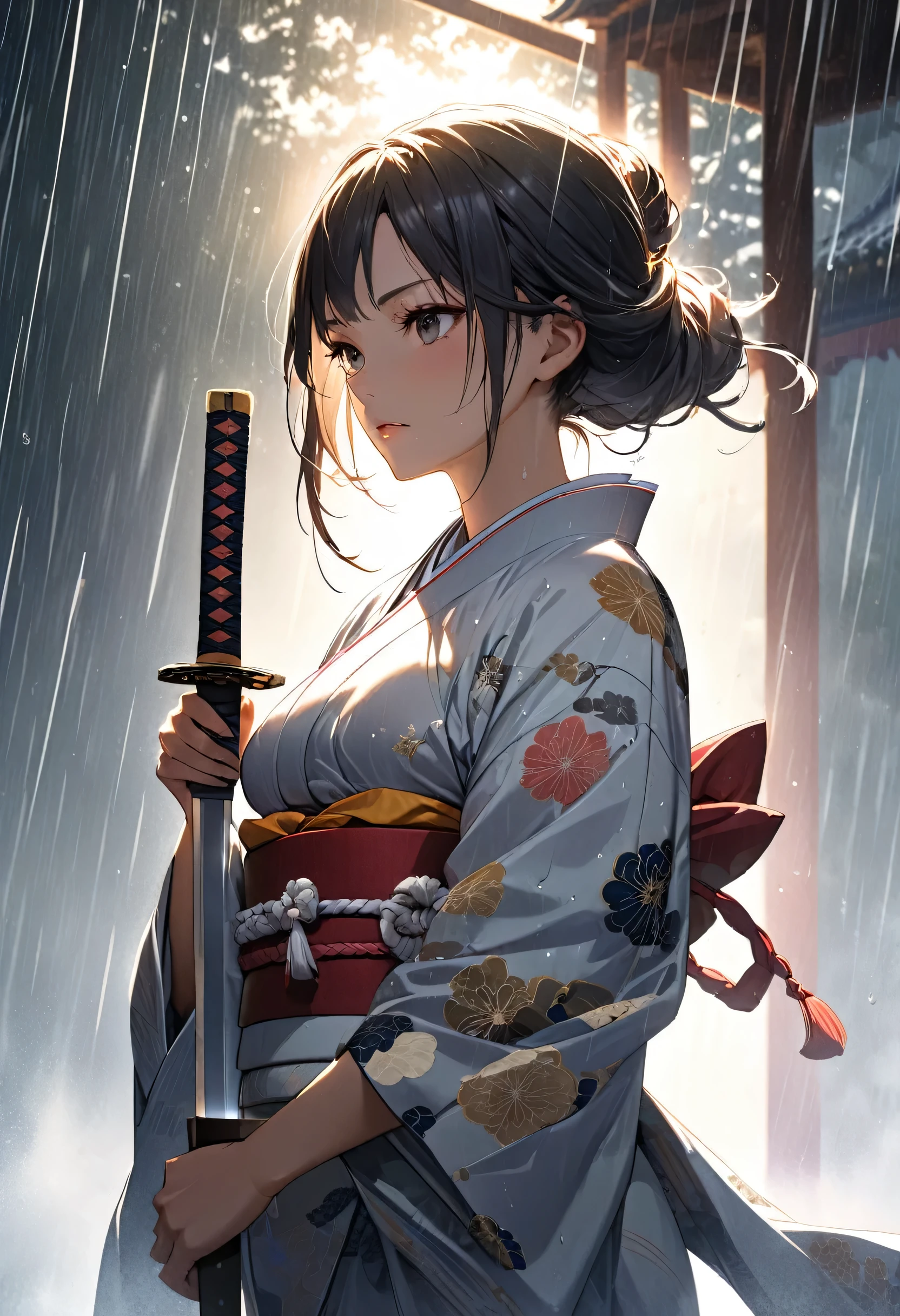 A fierce Japanese woman from the Edo period, wearing a traditional kimono that's half-turned open, revealing a tightly wrapped white sarashi around her chest. She stands confidently, holding a katana raised above her head, poised for battle. The kimono, intricately detailed with floral patterns, flows around her as if caught in a sudden gust of wind. Dramatic, cinematic lighting casts soft, golden rays through the scene, creating striking contrasts with deep shadows and illuminating particles of dust in the air. A gentle rain begins to fall, with droplets catching the light and glistening on her skin and sword, adding texture and realism. Subtle mist rolls in the background, shrouding the distant edges of the traditional Japanese temple courtyard. A rim light highlights her hair and the sword’s edge, emphasizing her silhouette against the misty atmosphere. The dynamic lighting interacts with the rain, giving the scene an otherworldly, intense mood as she prepares to strike