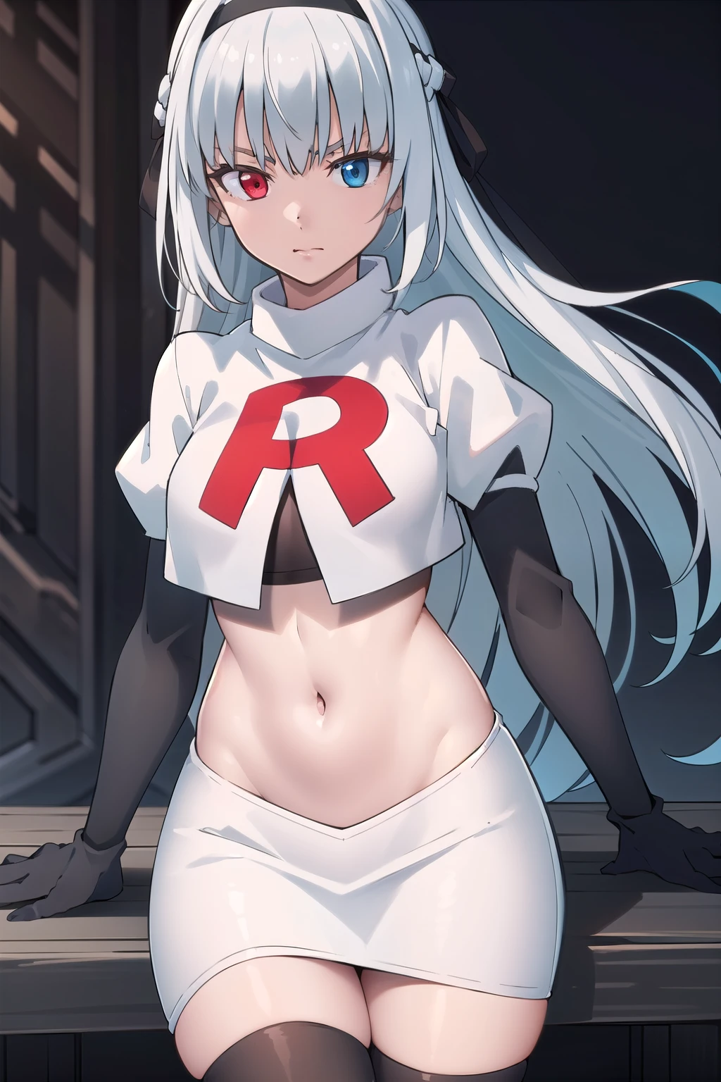 (masterpiece:1.2), Best Quality,((((High resolution)))), unity 8k wallpaper, (shape:0.8), (Highly detailed face), Perfect lighting, (((Extremely detailed CG))),(((1girl))),bangs,black Hairbands,blue eyes,Eyebrows visible through hair,Hair between the eyes,Hair Ribbon,Hairbands,maid headdress,Heterochromia,jewelry,Long Hair,looking at viewer,Red eyes,hair ribbon,Silver Hair,team rocket,team rocket uniform,white skirt,red letter R,crop top,black thigh-highs,black elbow gloves