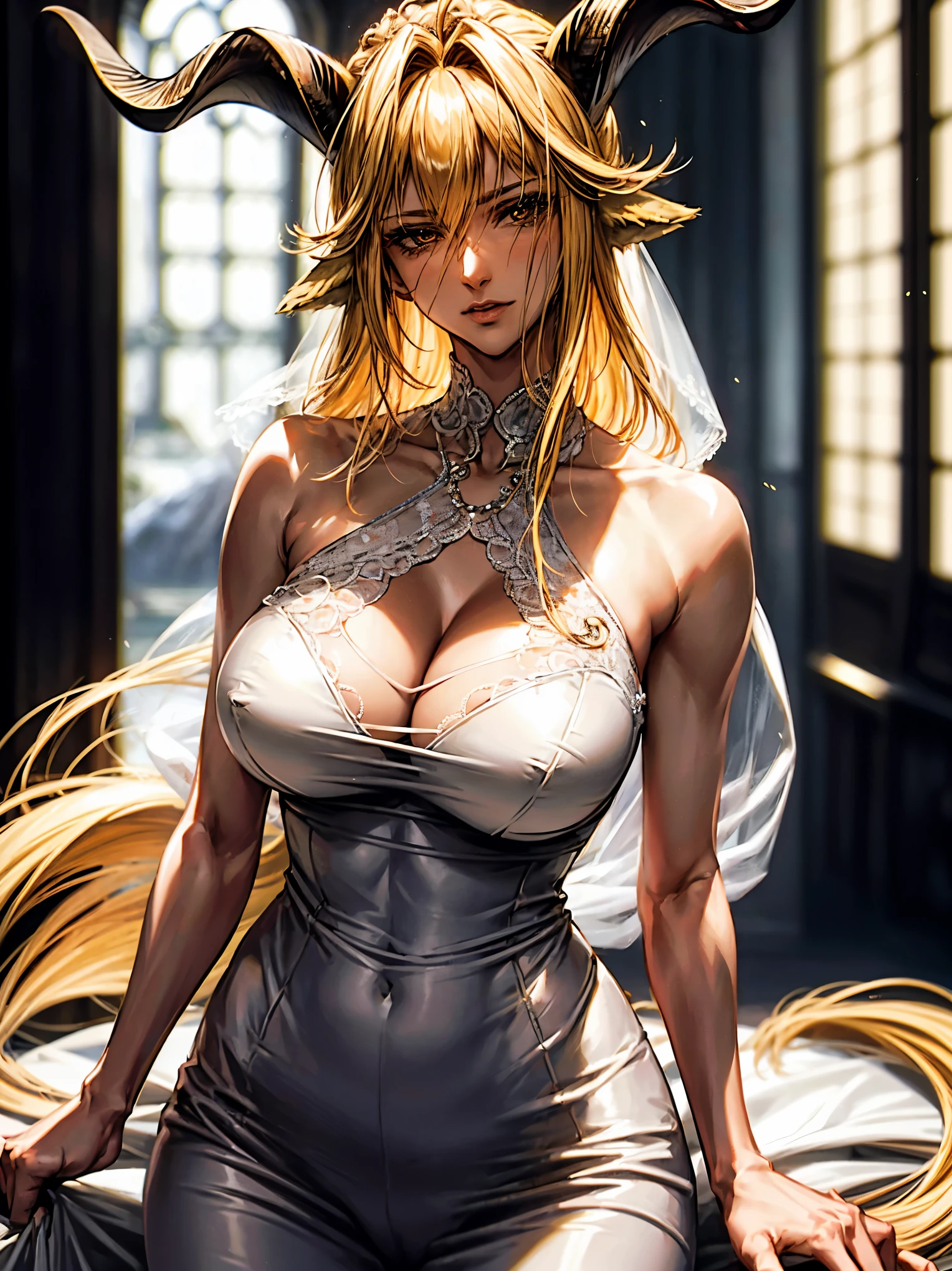 (top-quality、tmasterpiece、high resolution、super high image quality，highly detailed，8k，high saturation), 30years old，degenbrecher(arknights), goat girl, looking at viewer, large breasts, hair between eyes, (symmetric goat horns:1.2), animal ears, Alone, long hair, closed mouth, blonde hair, yellow eyes, (goat ears: 1.1), Dynamic cowboy shot，detailed Mature face，detailed eyes, clear muscle lines, (sophisticated laced white wedding dress:1.2), lawn，Church Background