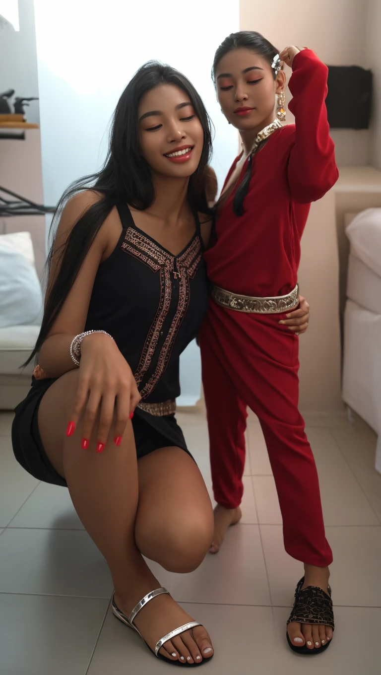 2girl afro, black skin, (colored stockings), black lingerie, shaved cunt, naked pussy, high heels, best quality, photorealist, masterpiece, retina