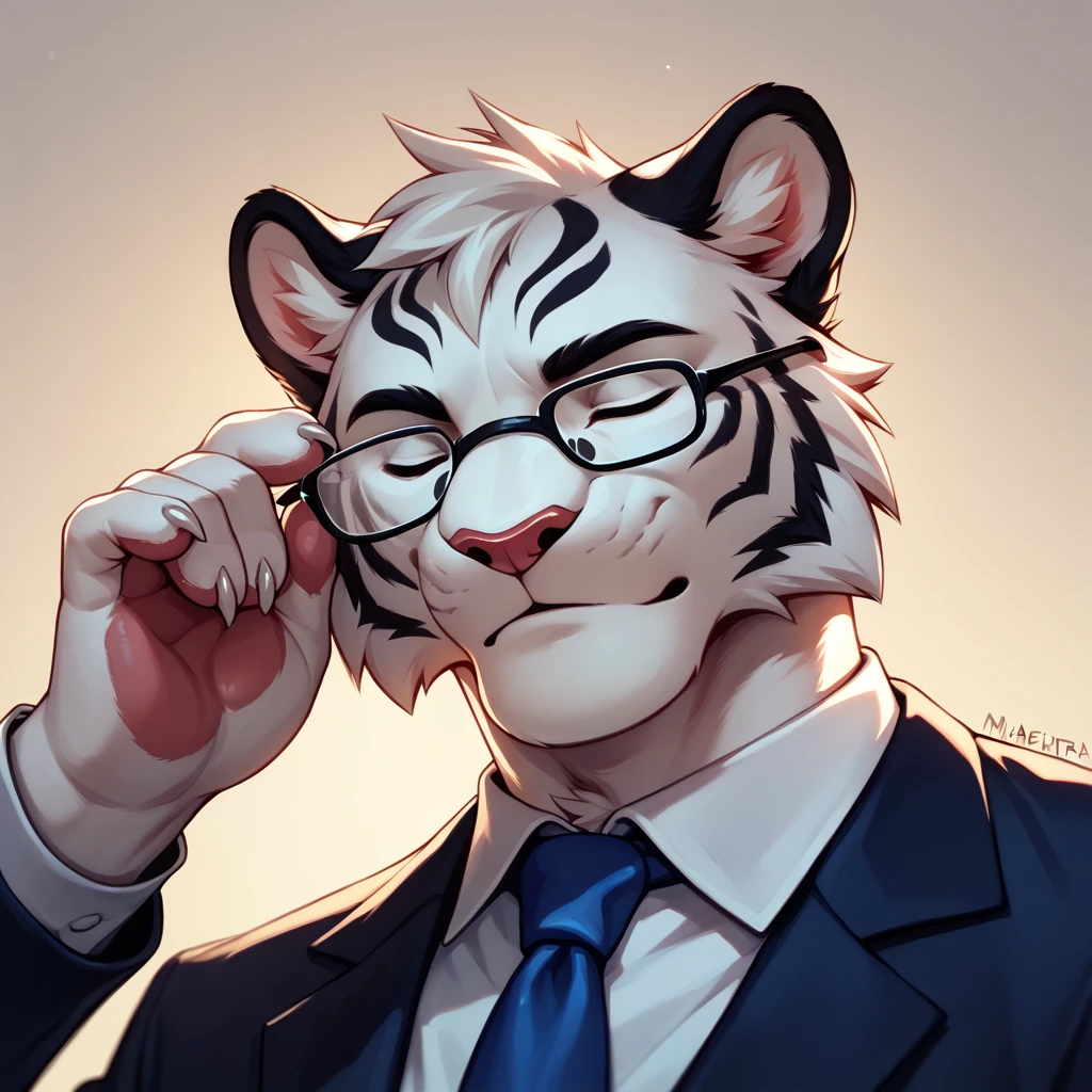 detailed art, appearance: Alone, furry, white tiger, Pompadour hairstyle, normal attitude, attire: A white suit, and a blue tie. He wears circular glasses, adding a formal look, bottom: magenta, pose: head tilted sideways in front, adjusting his glasses, eyes closed, angle shot: only the face.