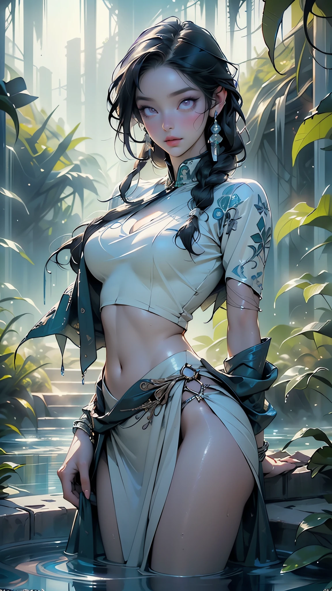 girl from ancient japan,1girl,

(large breasts:1.5),((((braid ponytail,dark hair,black hair,long braid,colored inner hair)))),(((gold_eyes:1.3))),intricate eyes,beautiful detailed eyes,symmetrical eyes,((((lustrous skin:1.5,bright skin: 1.5,skin tanned,shiny skin,very shiny skin,shiny body)))),(spider lower abdomen,narrow waist,wide hip,athletic body,inflated legs,thick thighs),((detailed face)),beautiful detailed lips,

cute,slutty,sensual,seductive look,seductive,((erotic)),opulent,sumptuous,(((nsfw))),

(Adorable Oiran Girl,(Plain blue Kimono,Bandage,Waist Band,Loincloth,Fundoshi:1.15)),((((bandaged legs:1.5,bandaged arms:1.5,bandaged breasts,white bandage)))),((eyeshadow,egyptian makeup,eyelid makeup)),

dynamic and seductive pose,looking at viewer,embarrassed,centered,scale to fit dimensions,Rule of thirds,

outdoors,(waterfall,bamboo,river,bamboo forest,japanese temple,red lanterns burning,temple in the forest,mossy stairway in the temple,dilapidated temple,bamboo sanctuary,),scenery,extremely scenery,(puddles everywhere,moss,moss on the background),clouds,lily pads,(sunset, golden hour),

(Glossy japan ornaments),highres,sharp focus,(ultra detailed,extremely detailed),(photorealistic artwork:1.37),(extremely detailed CG unity 8k wallpaper),(((vibrant colors,vibrant theme))),(intricate),(masterpiece),(best quality),artistic photography,(photography taken by sldr),(intricate background),perfect rendered face,perfect face details,realistic face,photo realistic,((intricate detail)),(((realism))),
