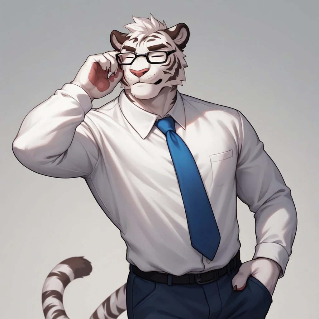 detailed art, appearance: Alone, furry, white tiger, Pompadour hairstyle, attire: A white suit, and a blue tie. He wears circular glasses, adding a formal look, bottom: magenta, pose angle: head tilted to the side, adjusting his glasses, eyes closed.