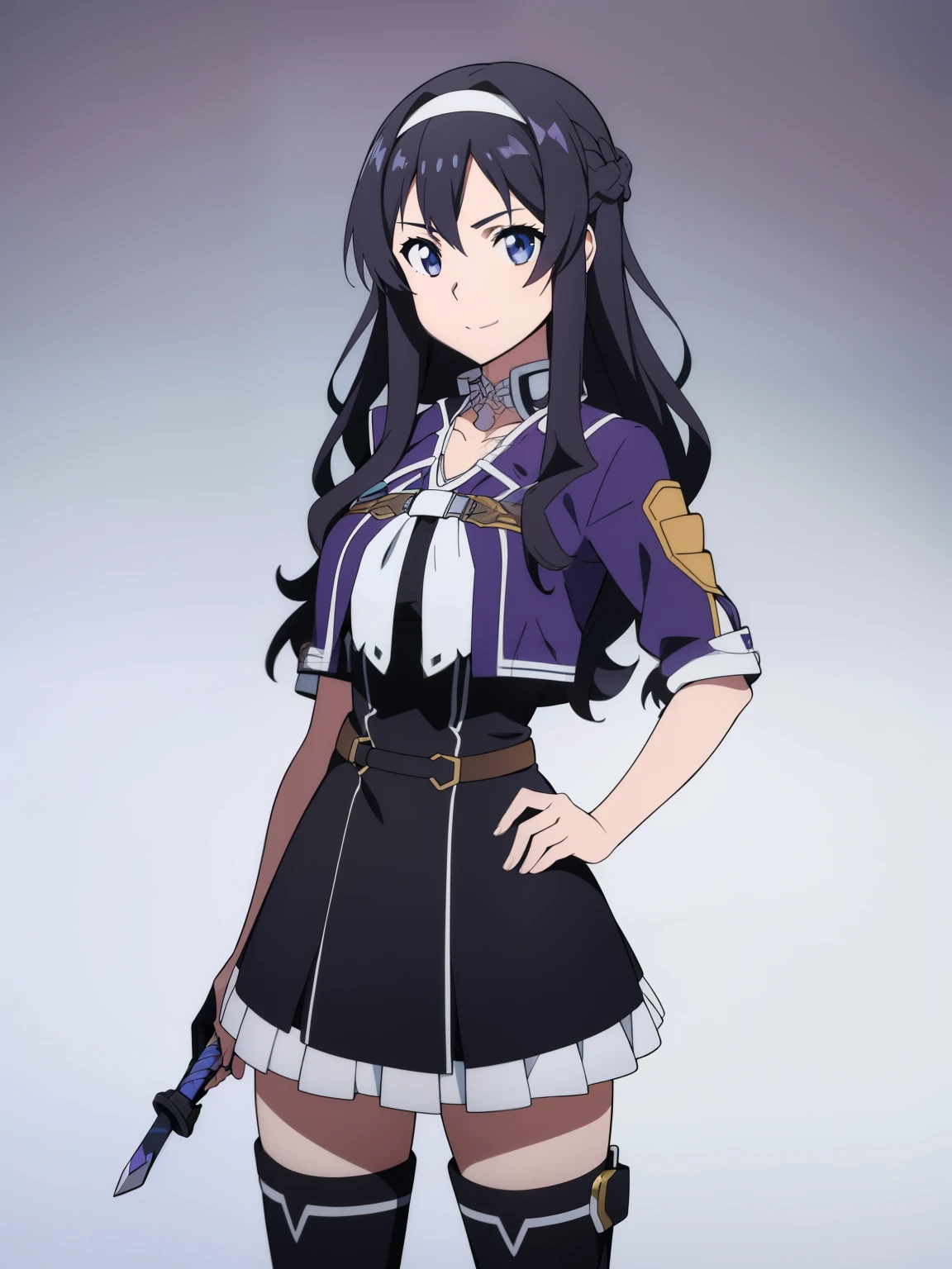 (high-quality, breathtaking),(expressive eyes, perfect face) 1girl, female, solo, portrait, Sword Art Online Art Style, sao anime style, Symmetrical Eyes, cowboy shot, medium full shot, black and purple dress, simple background, gentle smile, stylized hairstyle, medium hair, wavy curly hair, fantasy outfit, SAO inspired, firefly, black thighhighs, hairband, gradient skirt, hair ornament, blouse, frilled collar, frilled boots, cropped jacket, yellow neckerchief, armor,