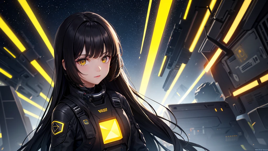 from the future intelligence, background tech, confident look, space black pioneer dress, yellow eyes, dark hair