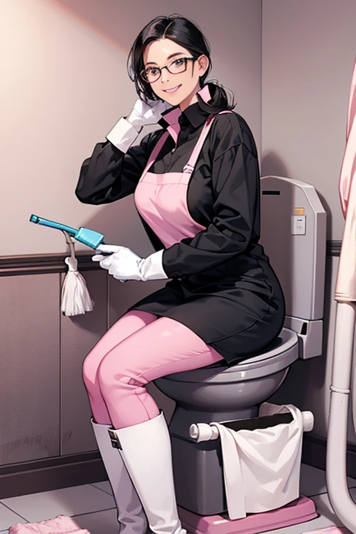 A mature cleaning lady with glasses and black hair in a blue long sleeve jumpsuit puts on large pink rubber gloves in the bathroom and grabs a penis with a look of joy on her face