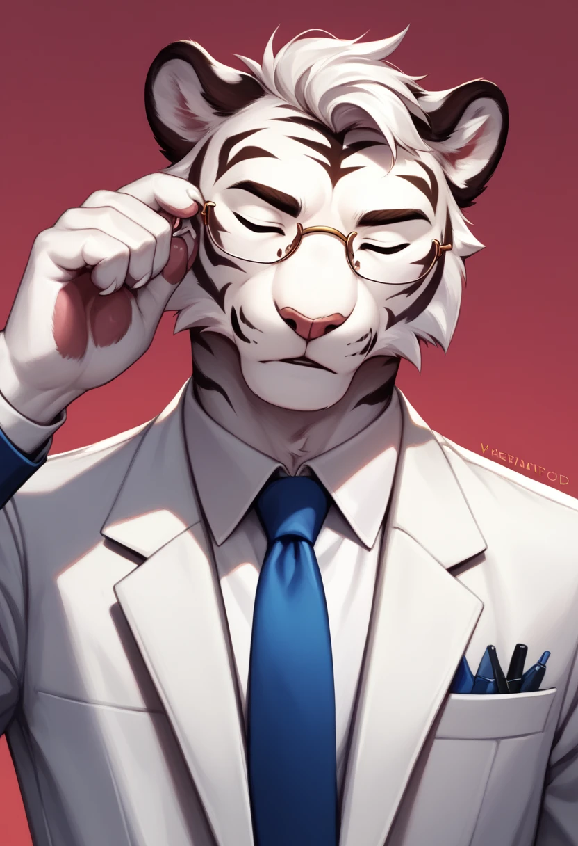 detailed art, appearance: Alone, furry, white tiger, with Pompadour hairstyle, attire: A white suit, and a blue tie. He wears circular glasses, adding a formal look, magenta background, pose: head tilted sideways in front, adjusting his glasses, eyes closed, angle shot: only the face.