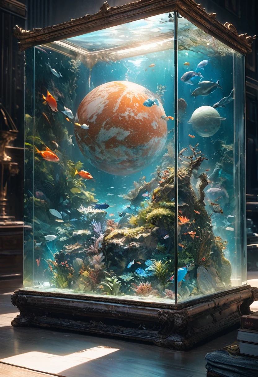 conceptual installation fantasy science art, a diagram of the unfolding of the world, The three-dimensional world we live in is inside a transparent box like an aquarium, Inside it are the universe, galaxies, planets, etc, BREAK Outside the aquarium is the world of God, where many gods are having a meeting about this and that. There are many similar aquariums in the world of God, a fusion of watercolor and acrylic, delicate depictions, BREAK artistic photography, hyper realistic, digital graphic CG, BREAK ultra detailed, absolutely resolution, best quality