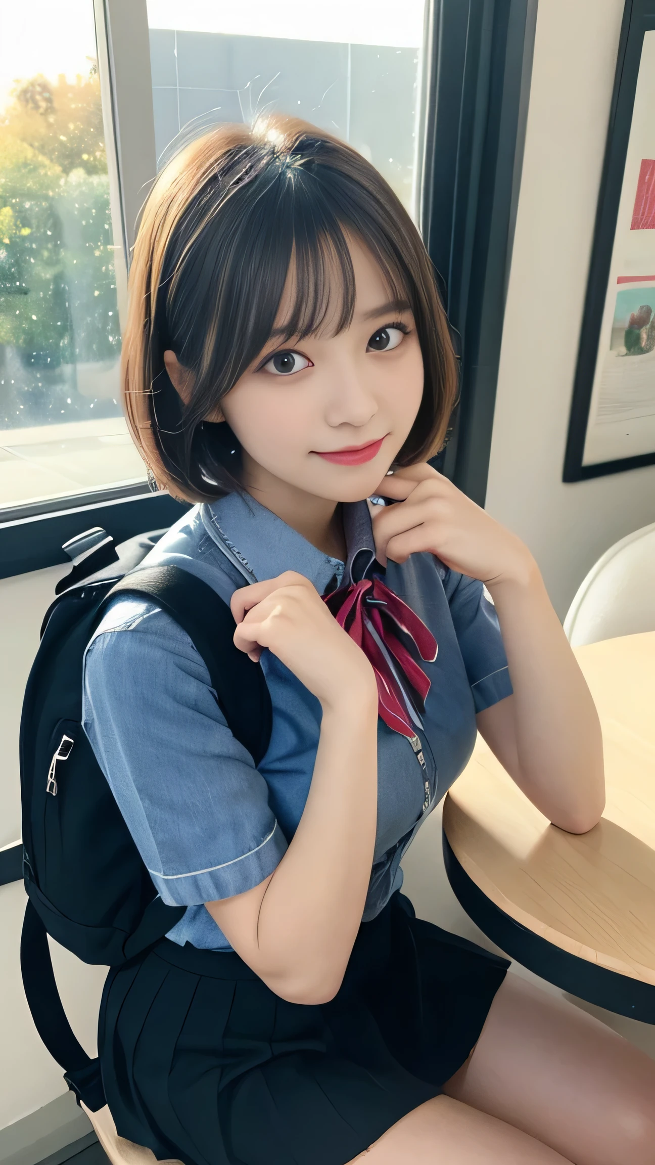 Beautiful girl、Watching the view、Schools、(atlibrary:1.5)、(A smile:1.5)、breasts are large、beautiful finely detailed eyes、during daytime、(bob cuts:1.4)、(Kawaii School Uniforms:1.5)、de pele branca、(8K、top-quality、masterpiece:1.2)、(realisitic、Photorealsitic:1.37)、ultra-detailliert、(The navel is slightly visible:1.1)