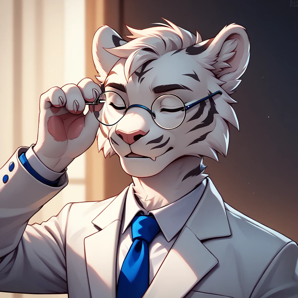 detailed art, appearance: Alone, furry, white tiger, with Pompadour hairstyle, attire: A white suit, and a blue tie. Wear round circular glasses, adding a formal look, bottom: magenta, pose: head tilted sideways in front, adjusting his glasses, eyes closed, details: reflection of light on glasses.. angle shot: only the face.