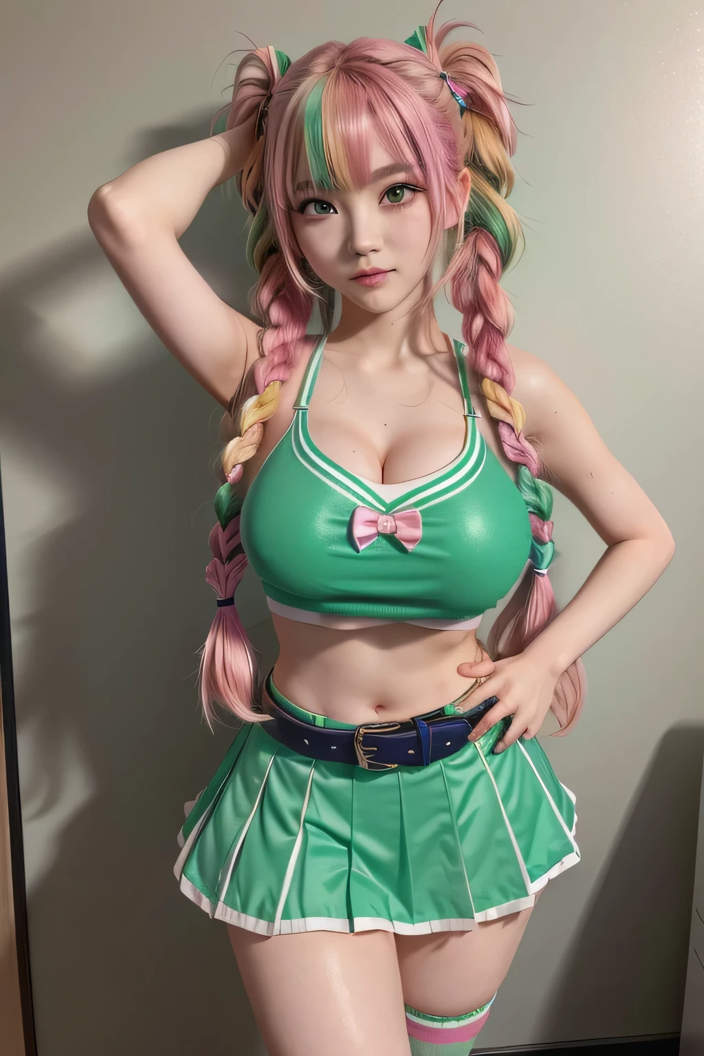 Mitsuri dressed in a cheerleader outfit posing for a photo, trending on cgstation, CopyMitsuri, long hair, Pink hair, green hair, twin braids, multicoloured hair, green eyes, eyelashes, A cup breasts, belt 50 cm,hip 70 cm,anime girl cosplay mole under eye, trending on cgstation, Jaeyeon& #39;name, de League of Legends, cosplayer, captured on canon eos r 6, amaranto, Franz sakimichan franca, korean girl, cosplay, wearing a red suit, IG model | germ of art