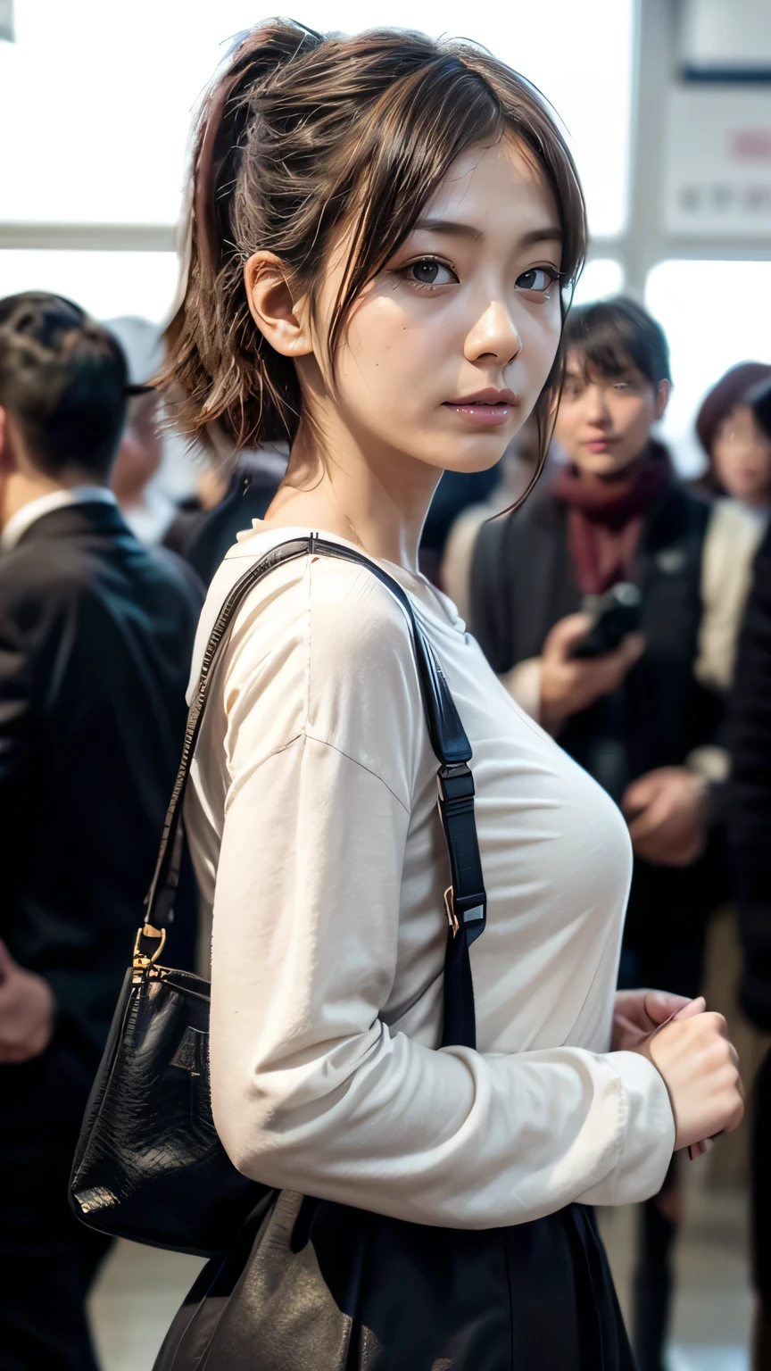 Wearing a tight long skirt:1.5、A crowded Tokyo station platform、Woman commuting to work、((whole body:1.5))、(Realistic、As shown in the picture、live-action、8k, Realistic, RAW Photos, Best image quality: 1.4), SLR camera、RAW Photos, Please redeem, Realistic, Very detailed CG Unity 8k wallpaper, Written boundary depth, Cinematic Light, Lens Flare, Ray Tracing, Realistic background、(Put the bag on your shoulder、Long sleeve shirt)、((Ultra-dense skin))、short hair:1.2、Short Ponytail、Tie your hair with a hair clip、I like that style、stylish、Very detailed、Pay attention to the details、Perfect outfit、(Sunburned skin)、Side view