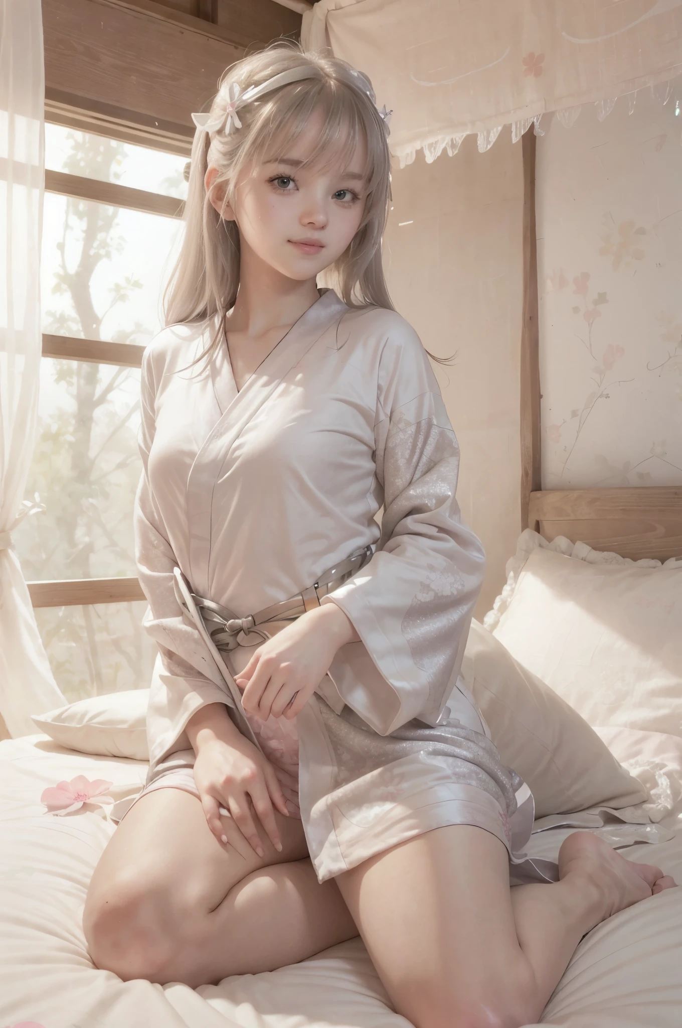 photo of mariya with long blonde hair, bang, (petite:1.4), wearing (silver japanese kimono:1.3),  on bed in a cute girly bedroom adorned with pastel hues and playful decor. The walls are painted in soft pinks or lavender, with a delicate floral or heart-patterned wallpaper as an accent. A canopy bed with sheer, flowy curtains creates a dreamy atmosphere. Plush stuffed animals and fluffy throw pillows in various shades of pink adorn the bed,
realistic, photorealistic,
High quality, RAW photograph, detailed background, intricate, highly detailed, sharp focus, high resolution, 8k, uhd, dslr, realistic eyes, perfect eyes,