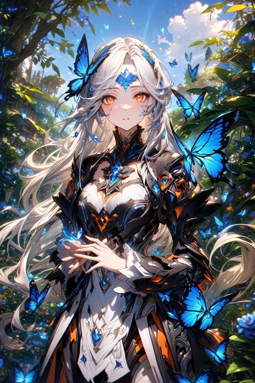 A woman with long, white hair, fox ears, 9 tails, and butterfly wings.