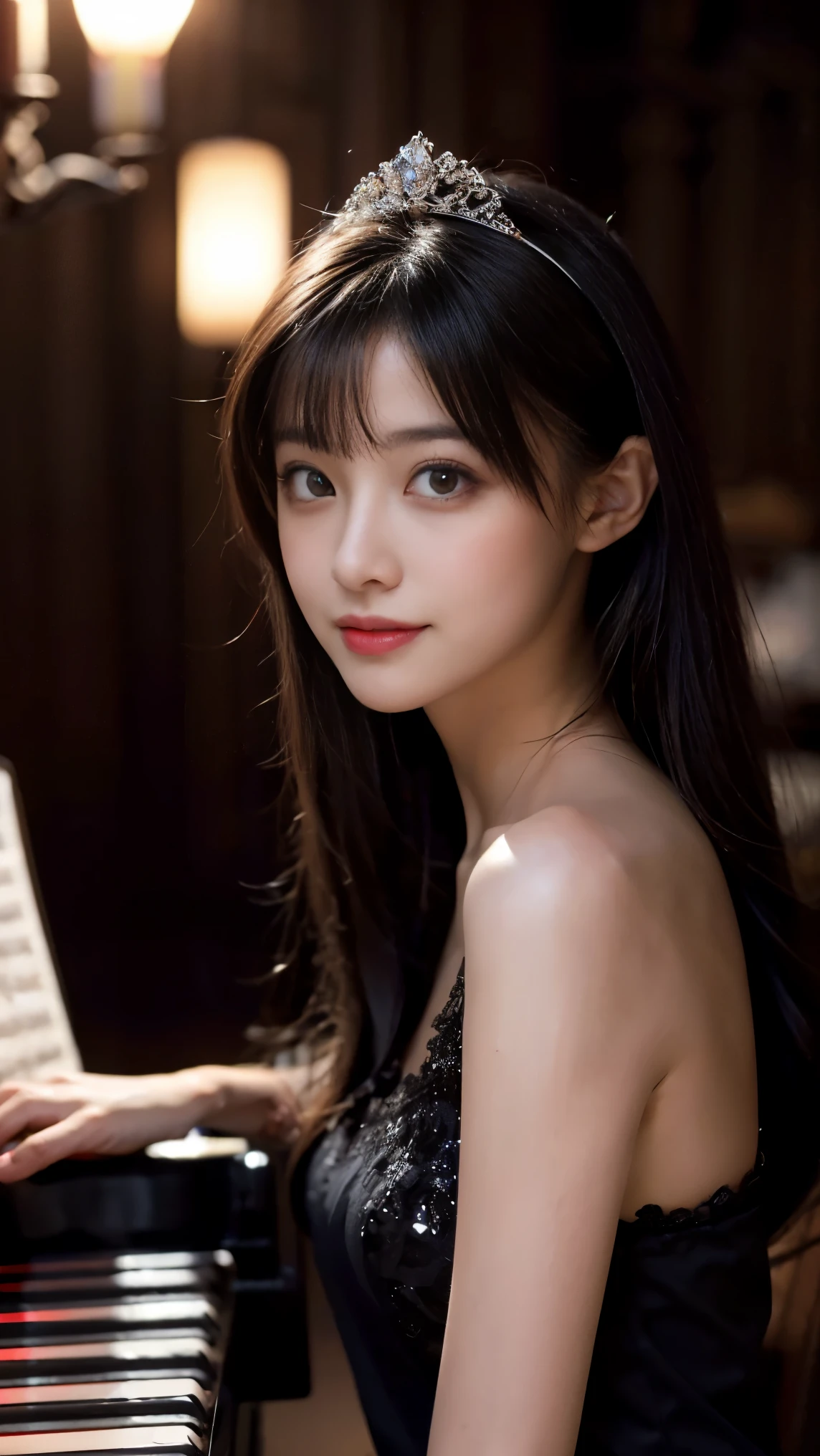 8k, Best Quality, Very high quality, masterpiece, Ultra-high resolution, Photorealistic, 超Realisticな, Realistic, Very detailed, RAW Photos, Realistic, Ultra-realistic, Ultra high definition, Increase contrast, Increase saturation, Realistic Skin, Realistic Skin色, Beautiful Skin, Cute face, Beautiful expression, A kind smile, A vivid face, Beautiful detailed hair, Beautiful detailed eyes, Beautiful woman with perfect figure, Attractive, (A cute Japanese girl:1.2), (Straight Long:1.2), (A beautiful tiara with sparkling diamonds), (Very detailedで綺麗な赤色のウエディングドレス:1.3), (Red high heels), (Full-body shot from the side while playing the piano:1.3), (Staring at the piano:1.2), (In the dark, candlelit cathedral,, by ilya kuvshinov, Alessio Albi, Nina Masik,, Sharp focus, Natural lighting, Scattered beneath the surface, F2, , Film Grain:1.3)、(Overall dark photo:1.3)