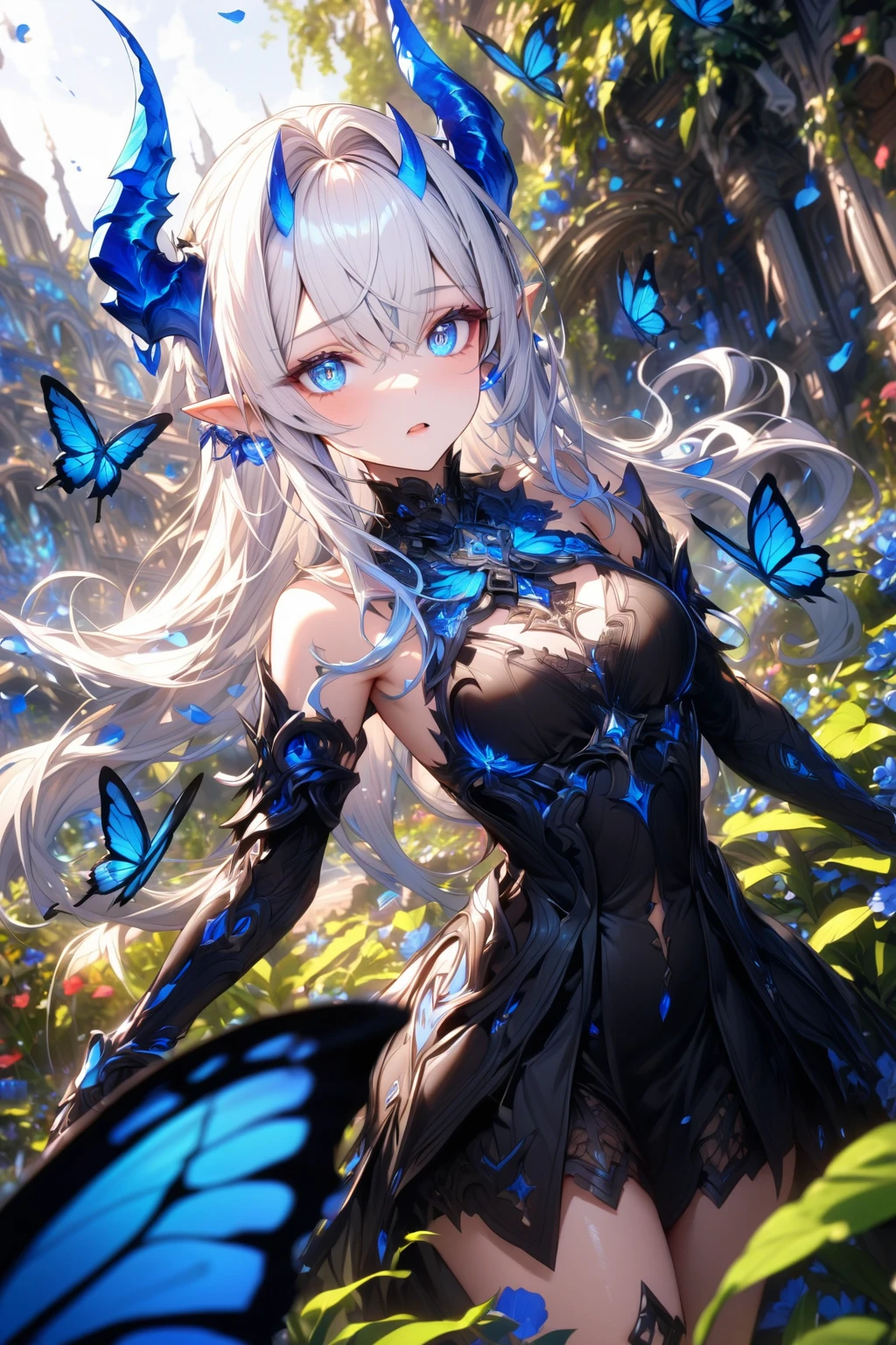 (masterpiece, Highest quality), (1Mechanical girl), Mechanical arms, Upper Body, Super detailed, Very detailed, Cinema Lighting, Intricate details, Colorful butterflies, (flowers growing on the Mechanical body), (Vines connecting to the torso), (Detail of the damaged cape), Mecha, robot, Intricate, shiny armor, (Warm Light), (specular light:1.2), (Flower field background:1.4), (Glowing Rune), 