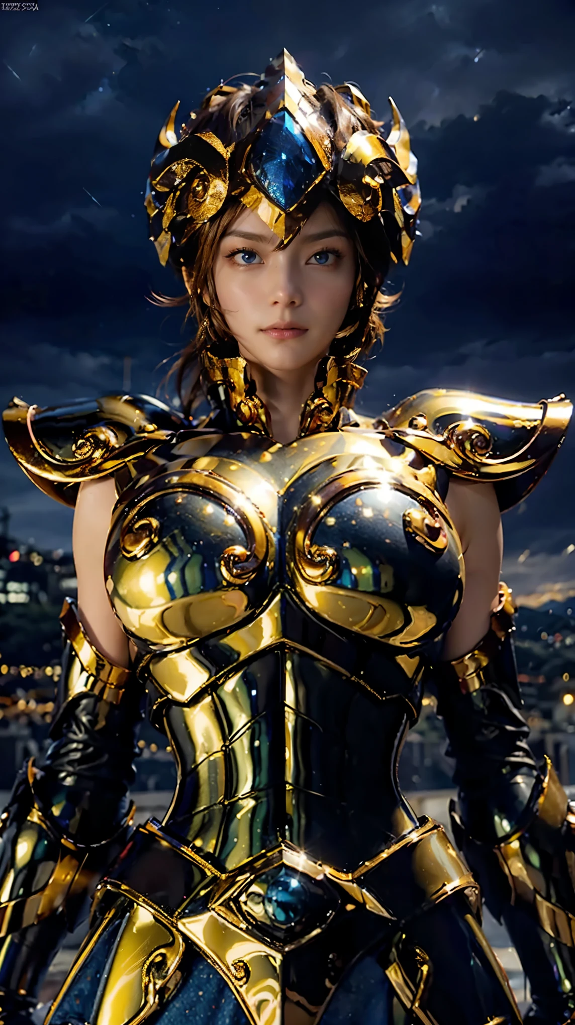 masterpiece, Best Quality, 超High resolution, Photorealistic skin textures, Armature, Realistic, High resolution, Original photo, Shiny skin, Photorealistic skin textures, Best Writing, , Dramatic lighting, Dynamic pose, Starry sky background, Night Sky, Universe, milky way, 1 girl, Balanced Eyes, Leo Aiolia, Golden Armor, Chest, , Brown Hair, Pink Helmet, blue eyes, Watching the audience, Big Breasts, A faint smile，Exposing your belly