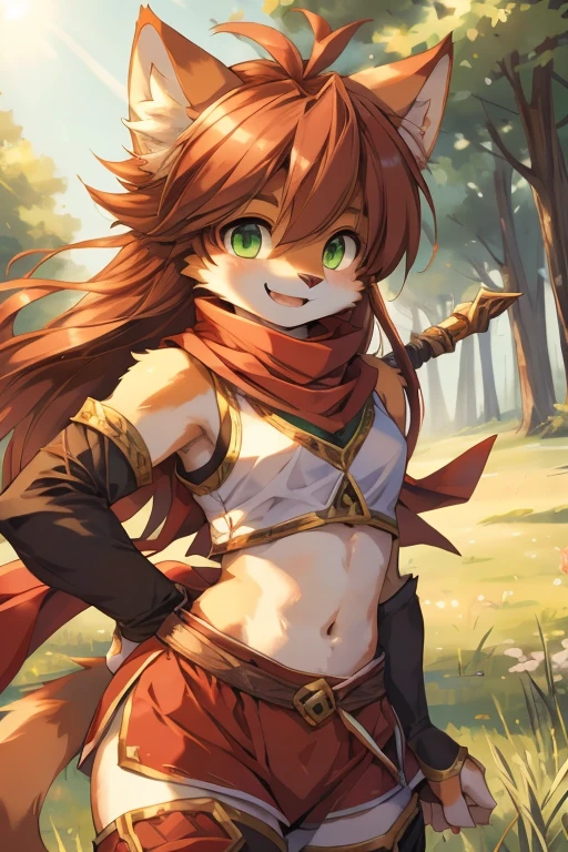 (masterpiece), best quality, female, kemono, cat, long hair, auburn hair, green eyes, tomboyish, look at viewer, sleeveless, white and red adventurer clothes, arm sleeves, fantasy, smile, happy, tan skin, cheerful, tan fur, dancer, fighter, battle staff, red scarf, ahoge, midriff, detailed background ((grassland plain, daylight, early spring)), face focus, -yeteenager,