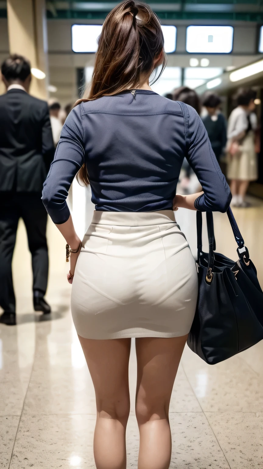 A crowded Tokyo station platform、Woman turning around、((whole body:1.5))、(Realistic、As shown in the picture、live-action、8k, Realistic, RAW Photos, Best image quality: 1.4), SLR camera、RAW Photos, Please redeem, Realistic, Very detailed CG Unity 8k wallpaper, Written boundary depth, Cinematic Light, Lens Flare, Ray Tracing, Realistic background、(Put the bag on your shoulder、Long sleeve shirt、Tight long skirt:1.3、mermaidskirt、p-line、Panty lines)、((Ultra-dense skin))、short hair:1.2、Short Ponytail、Tie your hair with a hair clip、I like that style、stylish、Very detailed、Pay attention to the details、Perfect outfit、(Sunburned skin)、View from behind