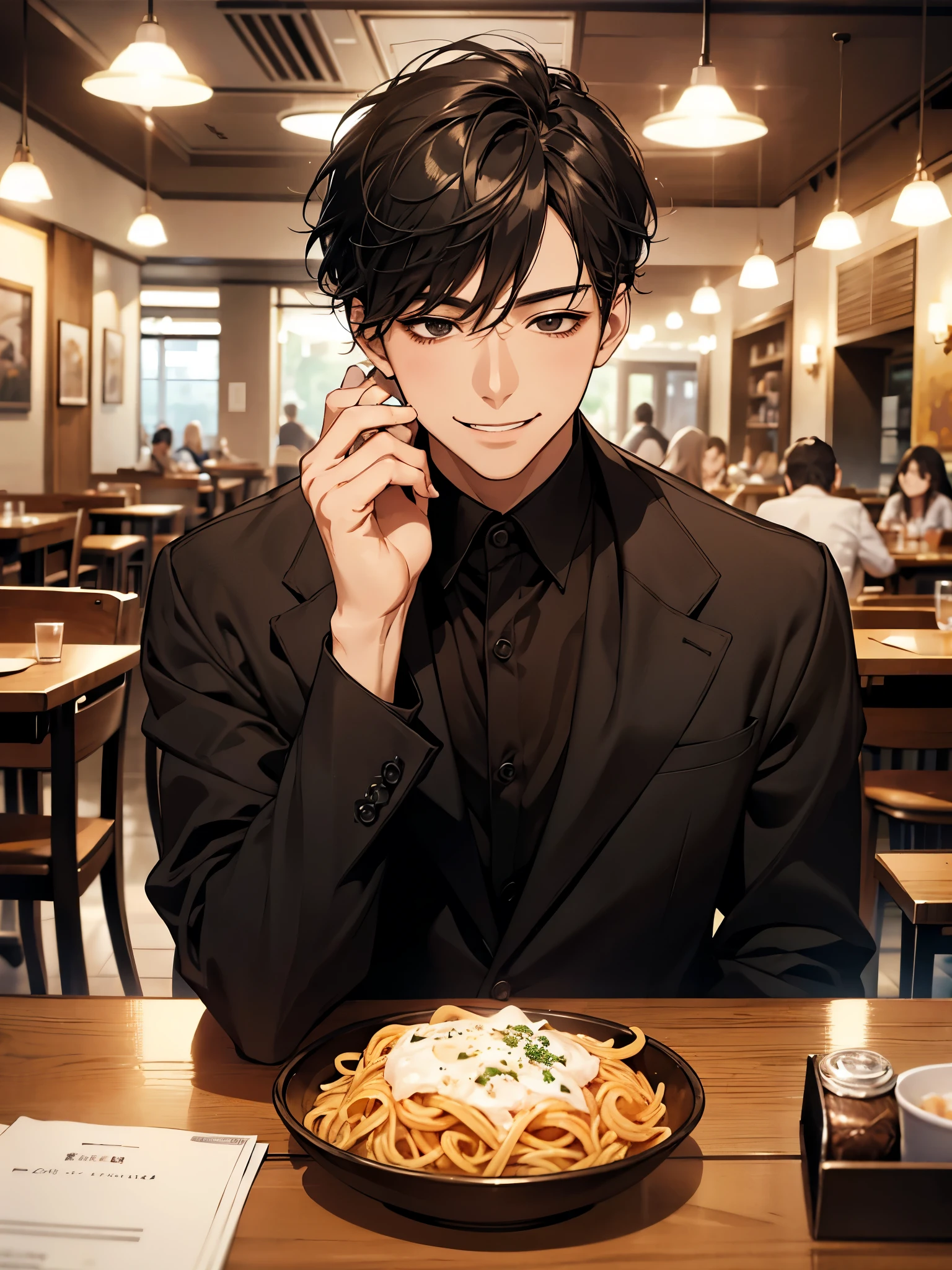 A man in a black suit (side distribution type, high cold) sits in a restaurant to eat
