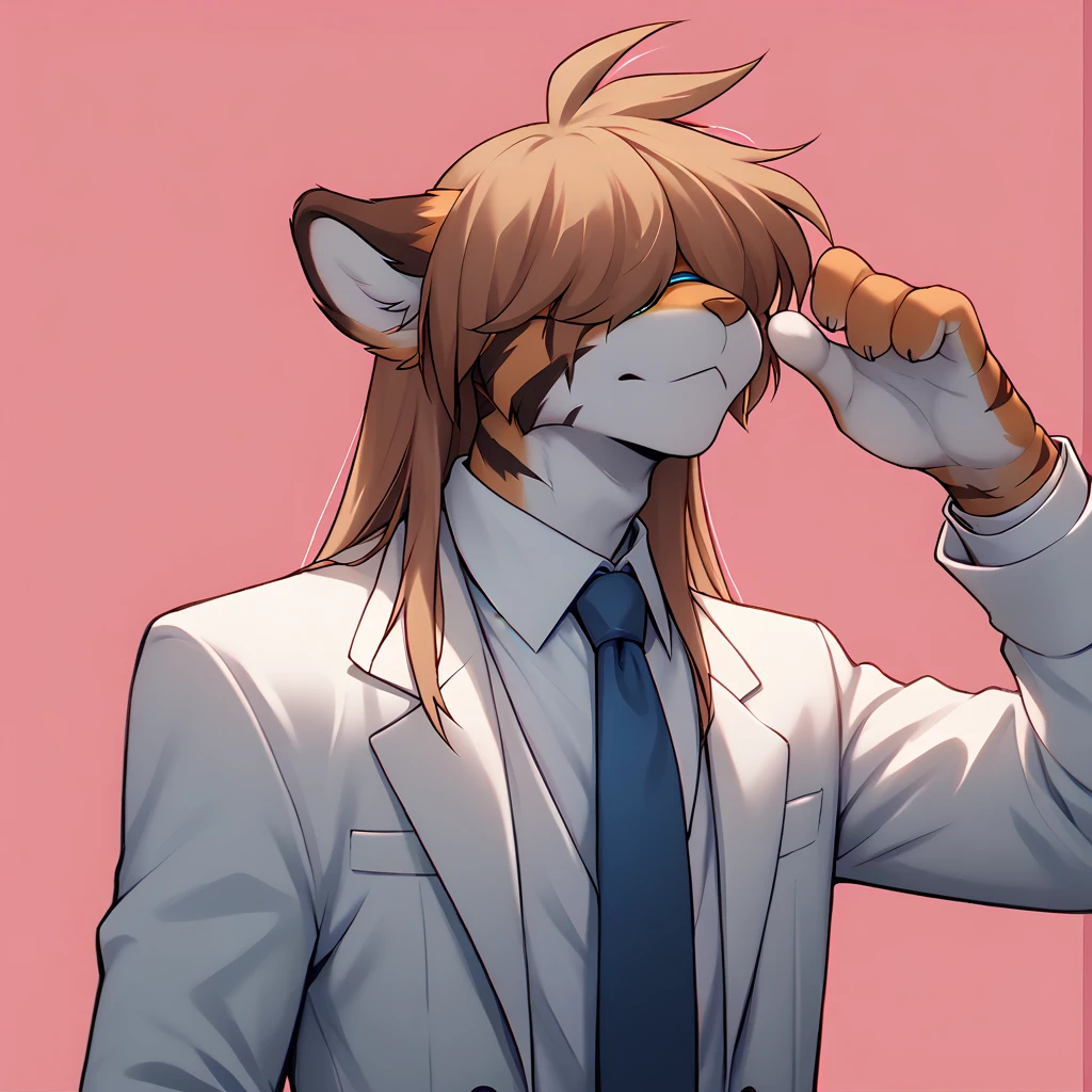 detailed art, appearance: Alone, furry, white tiger, with hairstyle Long hair, attire: A white suit, and a blue tie. He wears circular glasses, adding a formal look, magenta background, pose: head tilted 90° forward, hands over eyes, eyes closed, angle shot: only the face.