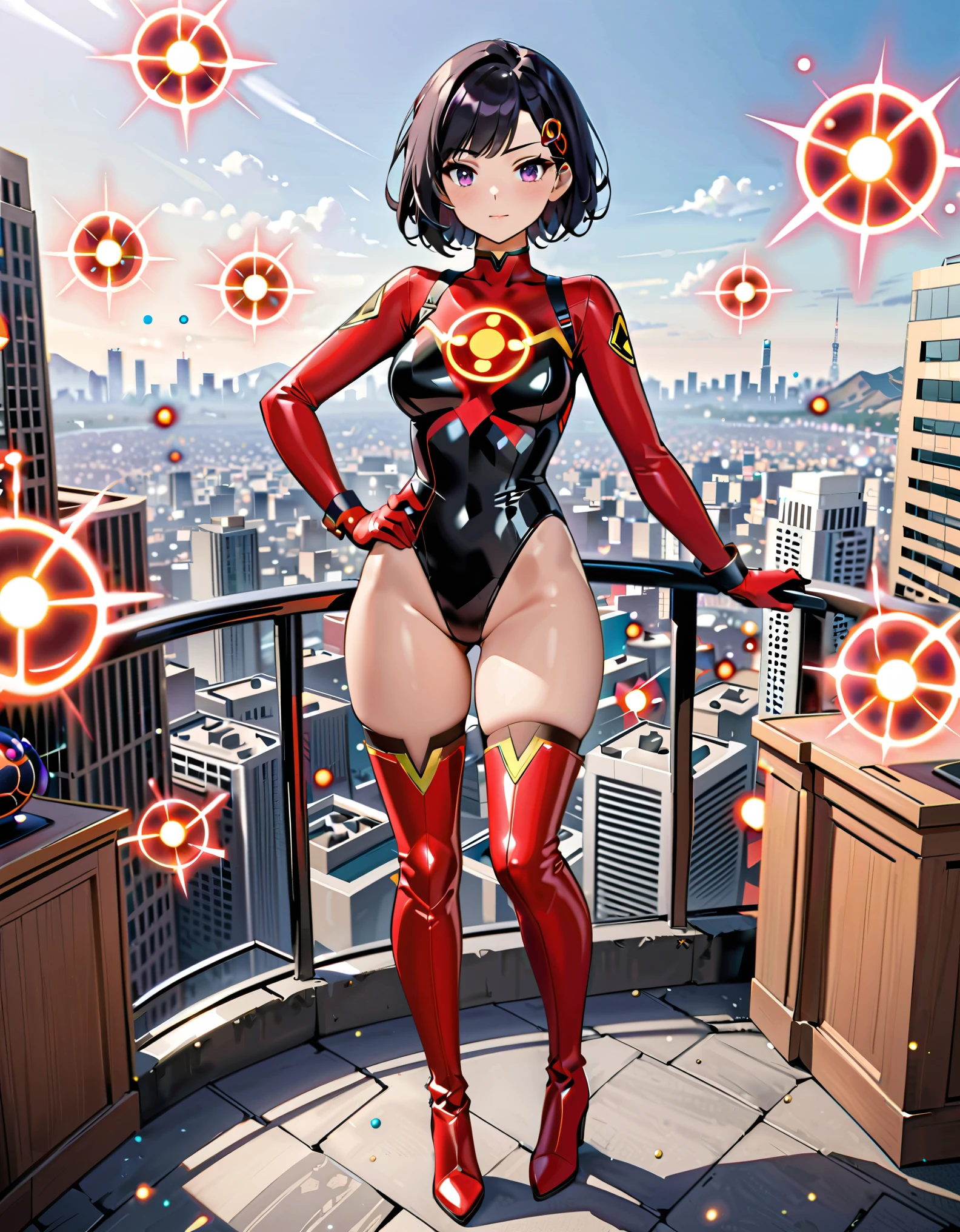 masterpiece, best quality, high resolution, professional, 8k, solo, solo focus, 1female, adult woman, cute and adorable woman, superhero, black hair, short hair, swept bangs, bob hair, purple eyes, beautiful detailed eyes, (leotard, black leotard, red bodysuit, (atomic particle symbol on chest:1.2), bare legs, matching boots, red thigh-high boots:1.2, wrist gloves:1.2, red bracelets:1.2), (body surrounded by tiny nuclear particles), hand on hip, city backdrop, standing, looking away, cowboy shot, perfect anatomy, full body costume design.