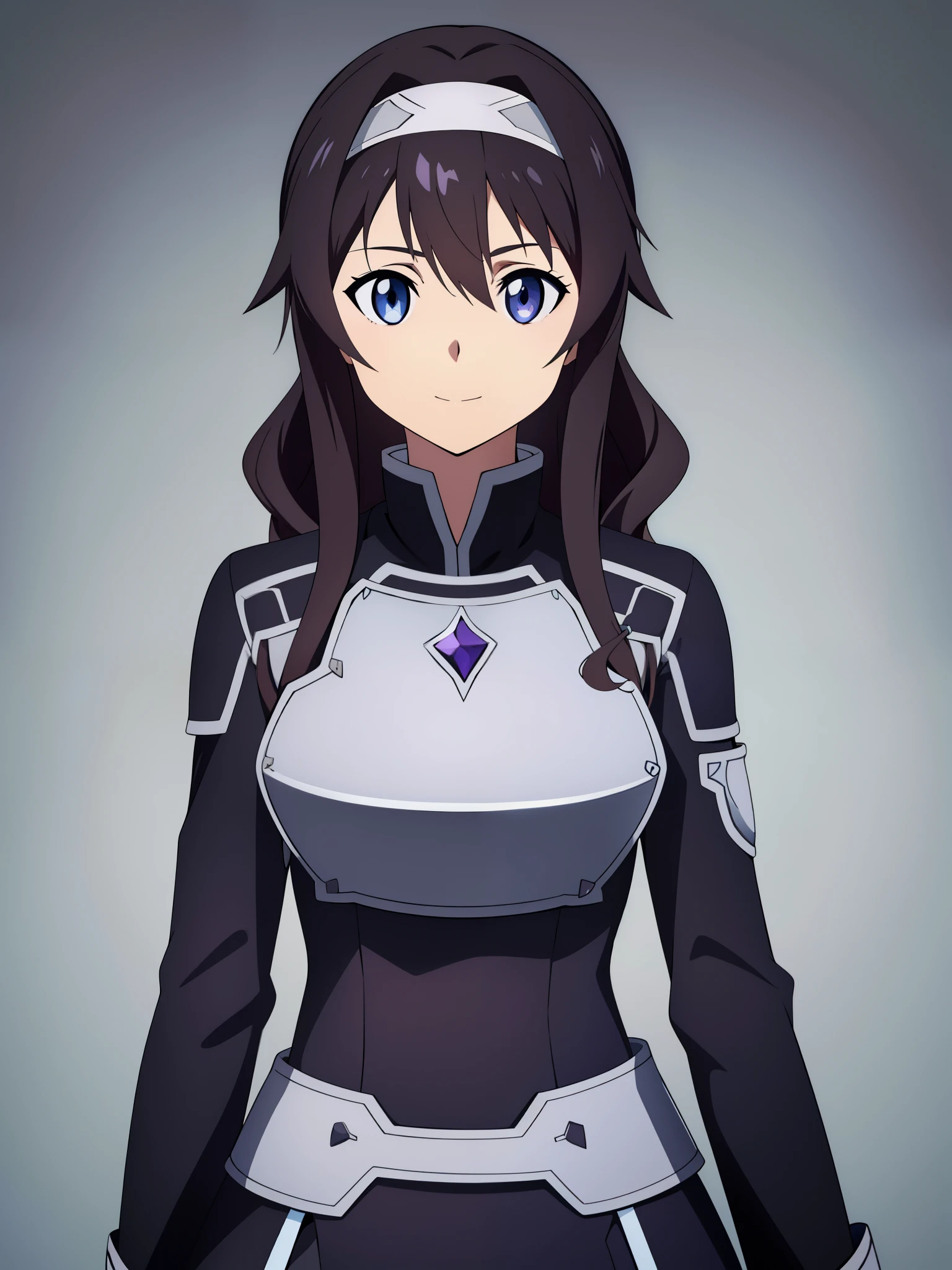 (high-quality, breathtaking),(expressive eyes, perfect face) 1girl, female, solo, portrait, Sword Art Online Art Style, sao anime style, Symmetrical Eyes, cowboy shot, medium full shot, black and purple dress, simple background, gentle smile, stylized hairstyle, medium hair, wavy curly hair, fantasy outfit, SAO inspired, firefly, hairband, hair ornament, blouse, cropped jacket, armor, chest plate
