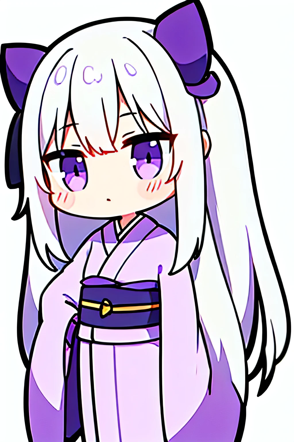 1 cute chibi girl with long white hair, purple eyes, wearing a white and purple kimono