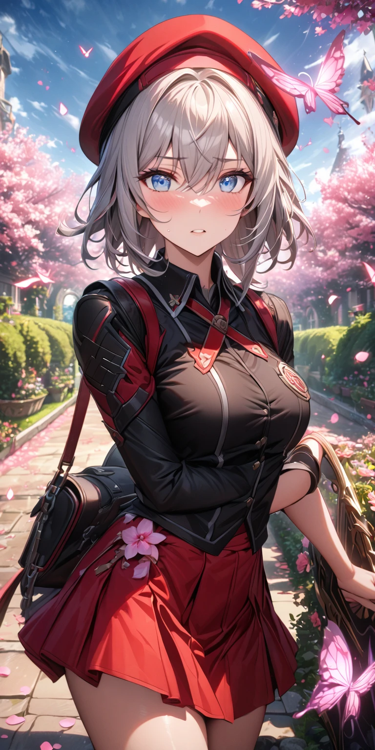 absurdres, highres, ultra detailed, HDR, master piece, best quality, extremely detailed, detailed eyes, detailed face, Alisa Ilinichina Amiella,unruly gray hair, expressive blue eyes, God Eater, solo, woman, beautiful, red beret, black vest, red skirt, magical, fantasy, garden, pink butterflies, pink flowers, pink petals, water, magic, powers