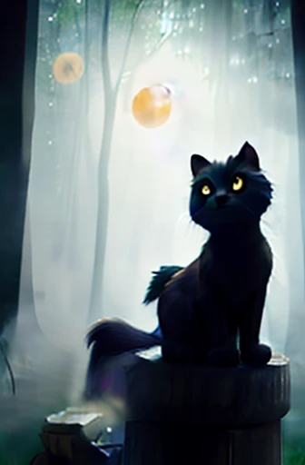 a watercolor painting of a beautiful black cat, long fur, long tail, sitting on an evil gargoyle, with the full moon in the background, starry night, black night, 16k