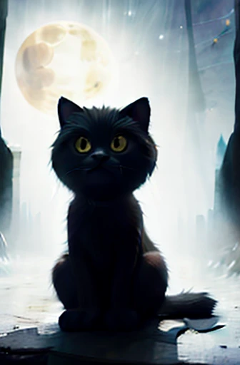 a watercolor painting of a beautiful black cat, long fur, long tail, sitting on an evil gargoyle, with the full moon in the background, starry night, black night, 16k