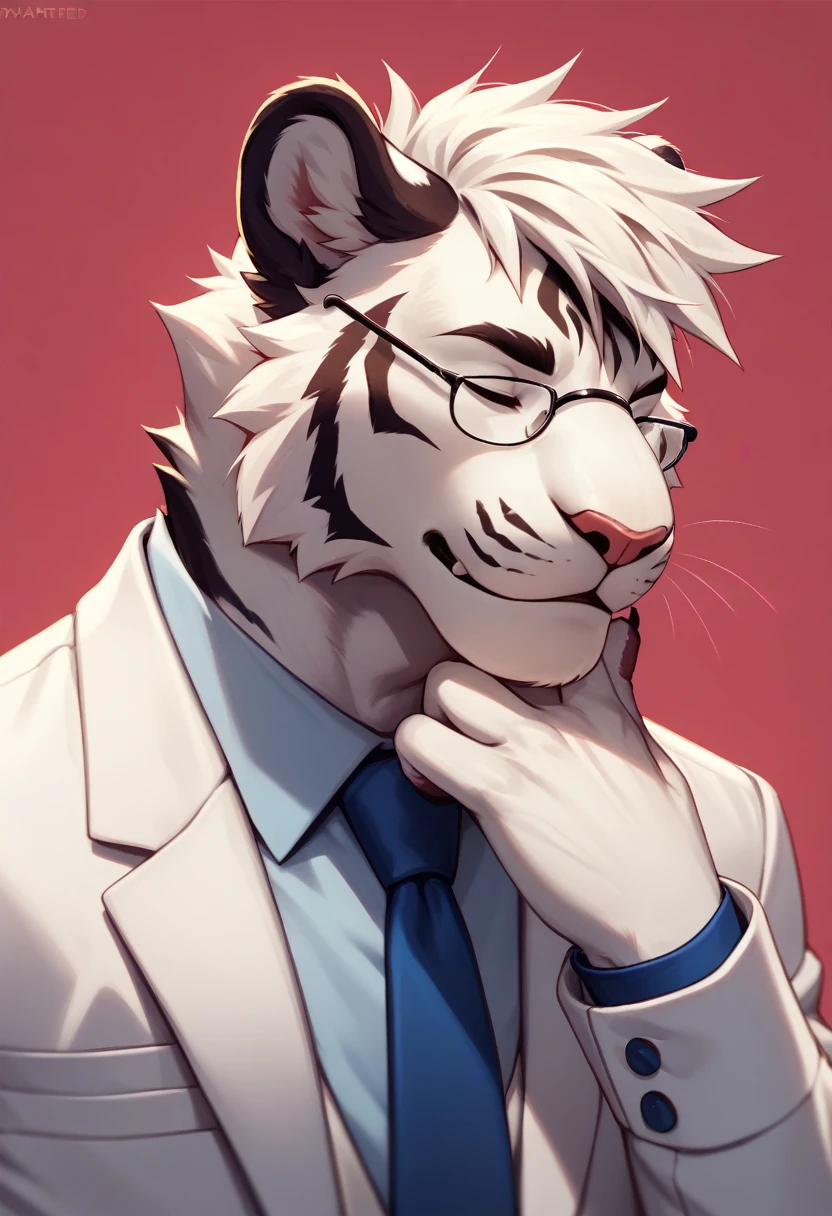 detailed art, appearance: Alone, furry, white tiger, with Pompadour hairstyle, attire: A white suit, and a blue tie. He wears circular glasses, adding a formal look, magenta background, pose: head leaded 30°, palm of hand on chin, eyes closed, angle shot: only the face.