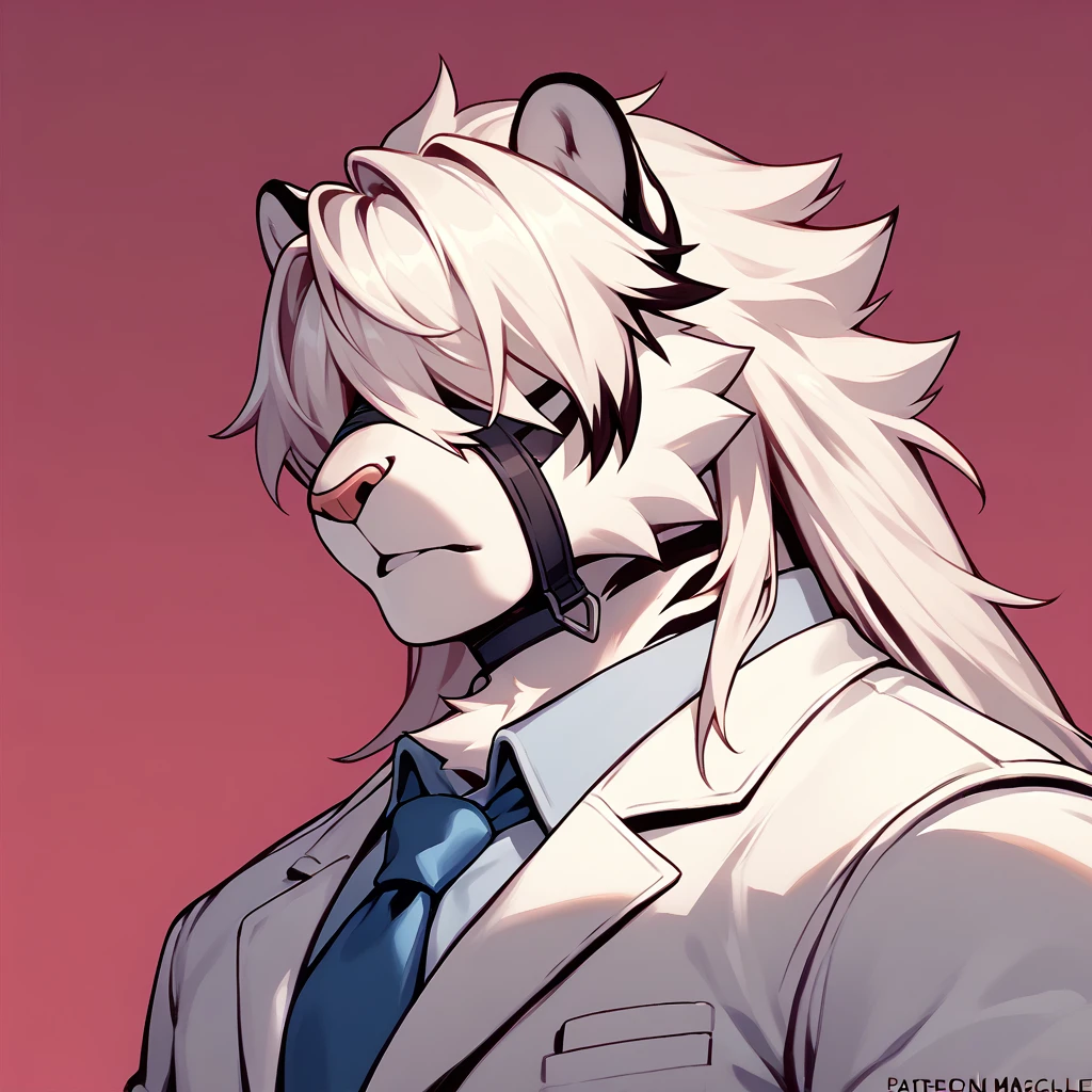 detailed art, appearance: Alone, furry, white tiger, with hairstyle Long hair, attire: A white suit, and a blue tie. He wears circular glasses, adding a formal look, magenta background, pose: head tilted 90° forward, hands over eyes, eyes closed, angle shot: only the face.