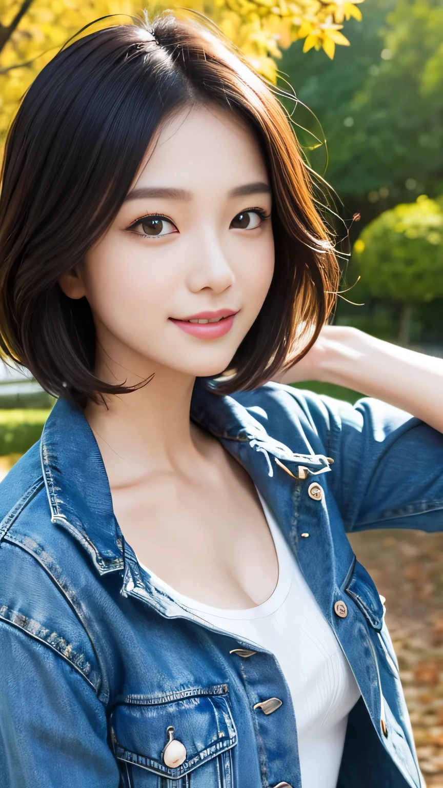 Masterpiece、Best Quality、Illustration、 Super detailed、Fine details、 High resolution、8K Denden Wallpaper、Perfect dynamic composition、２７age、pretty girl、Sweet girl、Detailed beautiful face、Detailed cute eyes、Textured skin、A modest smile、Wavy short hair、Small breasts、Denim jacket、Bold sexy pose、Big park in autumn、