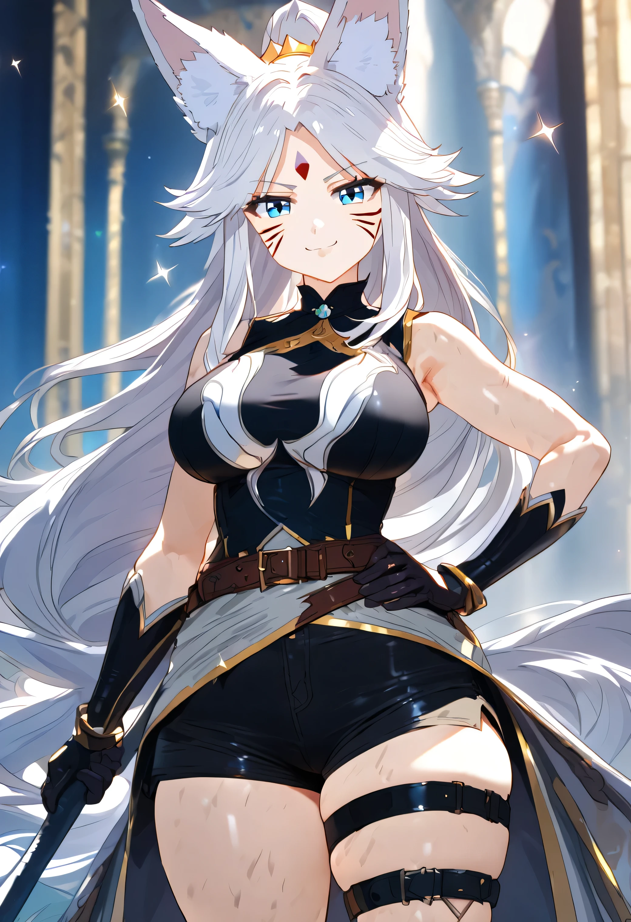 8K, , look at viewer, best quality, super detail, HD, high resolution, masterpiece, textured skin, sparkle, low bloom, motion blur, cheeks flushed, anime, a female anime style character with long hair holding an oversized sword outside in natural lighting, 1girl, animal ears, solo, gloves, long hair, weapon, polearm, breasts, belt, white hair, hand on hip, shorts, blue eyes, ponytail, fox ears, jewelry, holding polearm, holding, smile, facial mark, thigh strap, black shorts