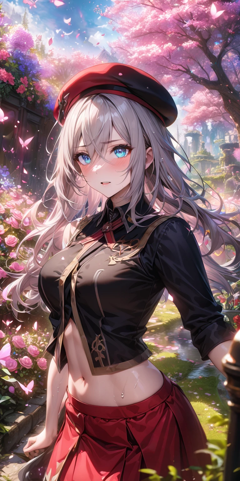 absurdres, highres, ultra detailed, HDR, master piece, best quality, extremely detailed, detailed eyes, detailed face, Alisa Ilinichina Amiella, unruly gray hair, expressive blue eyes, God Eater, solo, woman, beautiful, red beret, black vest, red skirt, magical, fantasy, garden, pink butterflies, pink flowers, pink petals, water, magic, powers