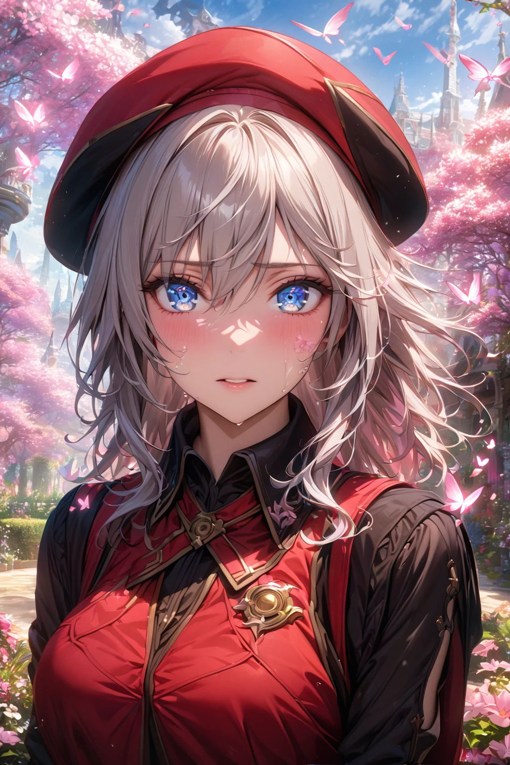 absurdres, highres, ultra detailed, HDR, master piece, best quality, extremely detailed, detailed eyes, detailed face, Alisa Ilinichina Amiella, unruly gray hair, expressive blue eyes, God Eater, solo, woman, beautiful, red beret, black vest, red skirt, magical, fantasy, garden, pink butterflies, pink flowers, pink petals, water, magic, powers