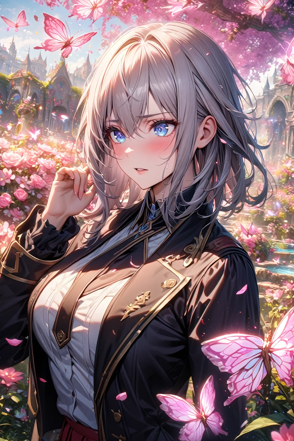 absurdres, highres, ultra detailed, HDR, master piece, best quality, extremely detailed, detailed eyes, detailed face, Alisa Ilinichina Amiella, unruly gray hair, expressive blue eyes, God Eater, solo, woman, beautiful, red beret, black vest, red skirt, magical, fantasy, garden, pink butterflies, pink flowers, pink petals, water, magic, powers