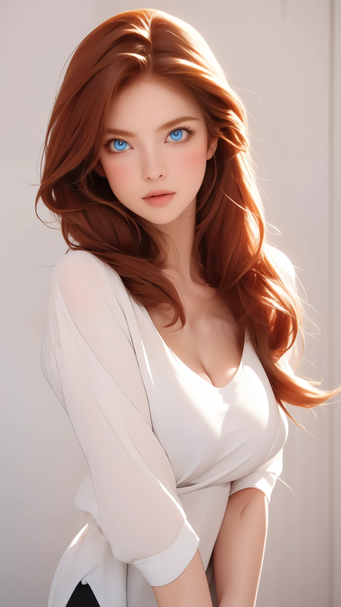 cartoon,animated,anime,best quality,detailed,perfect quality, ede,red hair,blue eyes,large breasts