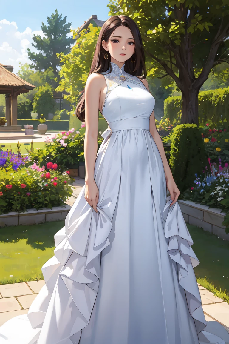 ((best quality)), ((masterpiece)), (detailed), perfect face,light blush,smile,detailed pupils,cowboy shot, , ( ,), looking at viewer,beautiful woman girl,(skindentation:1.2), shiny skin, best quality, ultra high res, (photorealistic:1.4),sexy dress,beautiful background