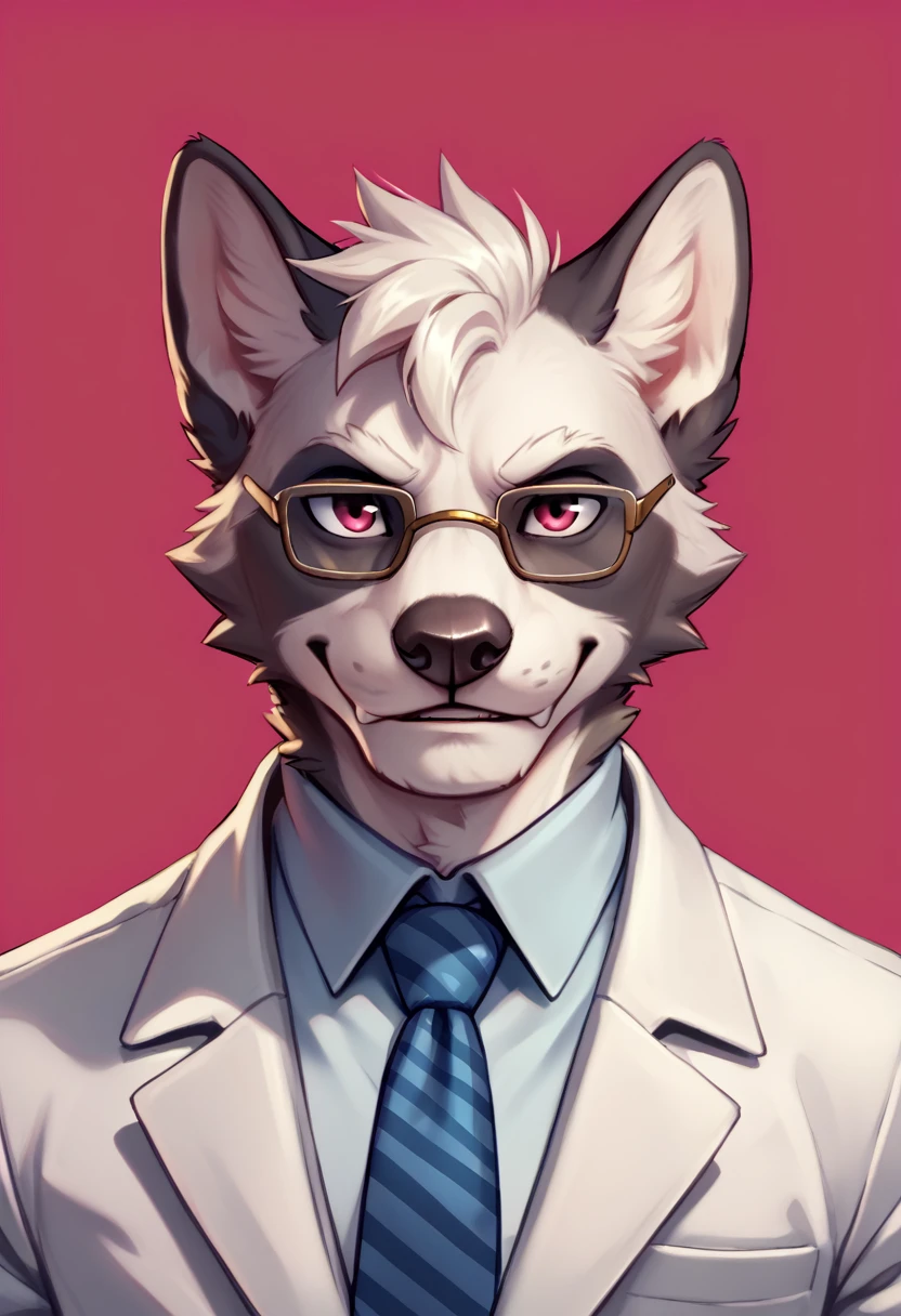 detailed art, appearance: Alone, furry, zorro, with Pompadour hairstyle, attire: A white suit, and a blue tie. He wears circular glasses, adding a formal look, magenta background, pose: head raised showing chin forward, angle shot: only the face.