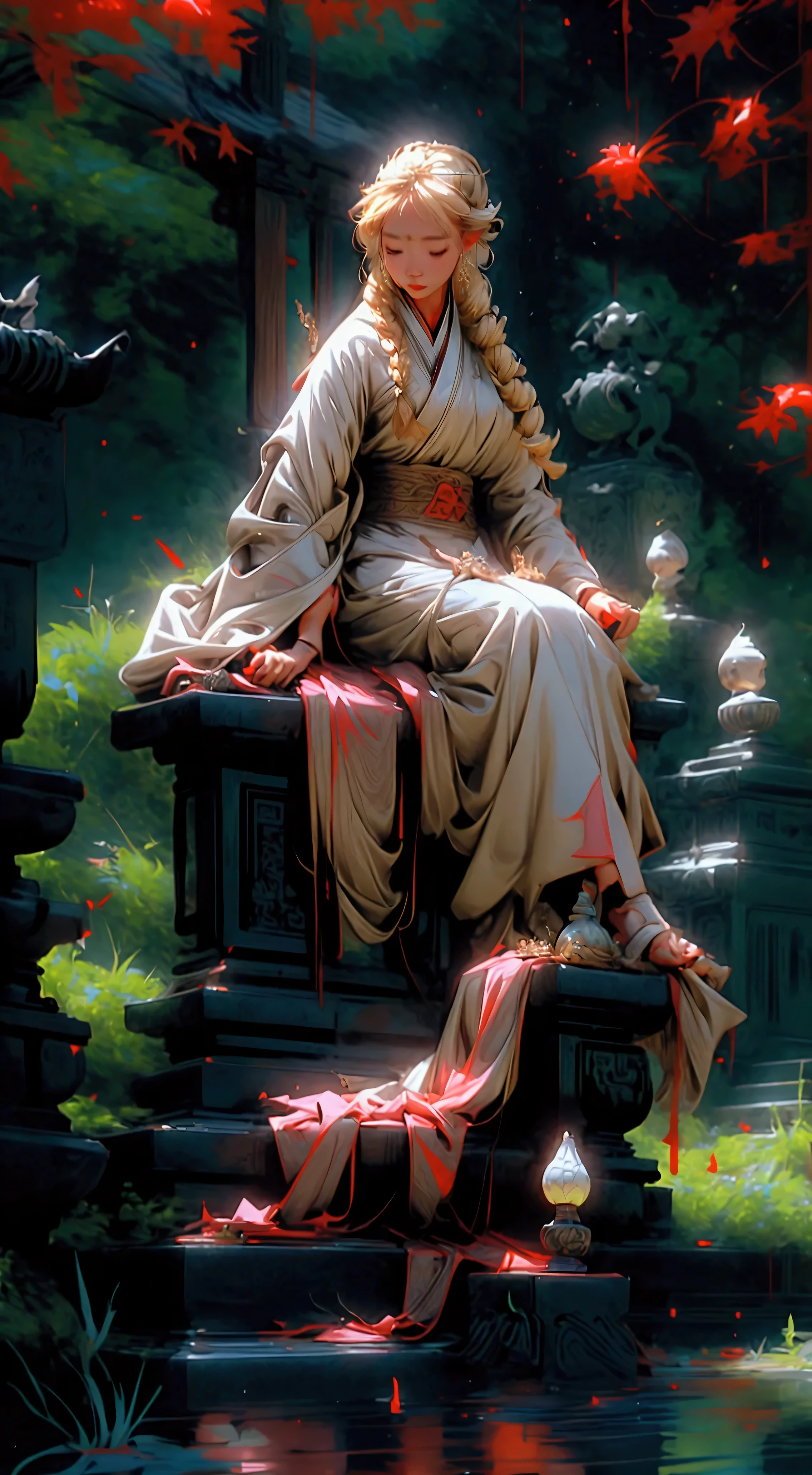 Beautiful sexy ghost blonde asian woman, playing an asian hollow wooden flute in a grave yard, beautiful braided hair, 8k resolution