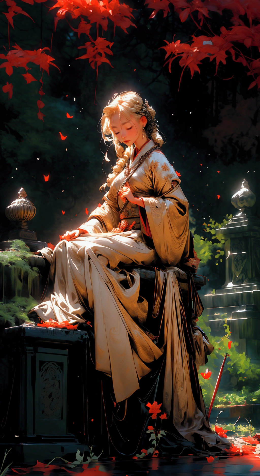 Beautiful sexy ghost blonde asian woman, playing an asian hollow wooden flute in a grave yard, beautiful braided hair, 8k resolution