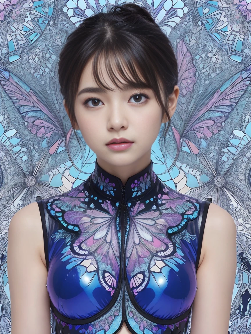 8K、(masuter piece,top Quority,best qualtiy,Beauty and aesthetics:1.2)、(1girll:1.3)、full body Esbian、(((((Perfectly accurate human body)))))、(((Gaze staring at the photographer)))、(((Russian girl at 16 years old)))、(Detailed futuristic cool hair)、(shiny bright silver hair,)、((short-haired))、(((8 Head Body)))、(((((very thin abdomen)))))、Very constricted waist、(((Detailed cute beautiful face)))、(((Detailed drooping eyes)))、((((undersized head))))、((a small face))、Detailed bright eyes、(((a baby face)))、Detailed skin、thin arm、(((very Bigger breasts)))、(((Very big hips)))、(Very deep background:1.5)、(Fractal Art:1.6)、(Farbe:1.1)、(florals:1.3)、(Zentangle:1.2), full body Esbian, (Abstract background:1.6), Shiny skin, (Many colors:1.4), (factor:1.5),(Raw photo:1.2),Pink Purple Latex Jumpsuit、Futuristic accessories,Hollow-On,latex shiny,(tight fitted),Wearing a very tight suit, chrome bodysuit, Very shiny pink-purple latex suit、kosmos、intergalactic、seductiv、metalic、((butterflys))、Fantastical、lovemaking、Sleeveless、Precise hands, Precise fingertips、Precise nails、Very delicate eyelashes、very delicate thin eyebrows、No letters、cyberpunked