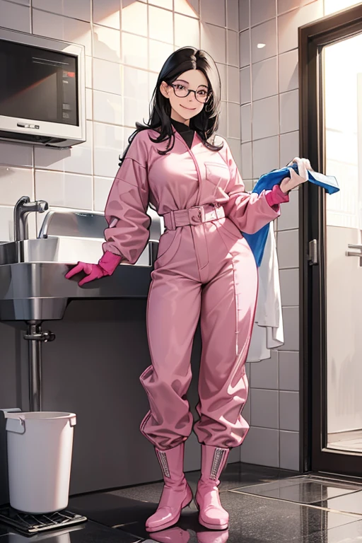A muscular mature woman with short black hair, wearing long sleeves, long pants and gym clothes with white rubber boots, trying to put on large pink rubber gloves in front of the cleaning supplies cupboard in the bathroom