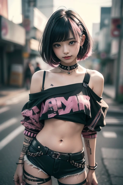 (((8k wallpaper of extremely detailed CG unit:1.2, ​masterpiece, hight resolution:1.2, top-quality:1.2, masutepiece))), ((a very beautiful woman, Wearing piercings, a choker, Hands in pockets:1.8, Street fashion:1.5, wearing a colorful jacket:1.4, Denim jeans, Wearing boots)), ((extra detailed face, Highly detailed black eyes, extra detailed body, Top quality real texture skins)), (Black straight hair:1.2, de pele branca, exposed shoulder), ((Empty alley, Mileland, natta, Neon Street)), (high-angle, Fisheye:1.3), hyper realisitic, digitial painting,