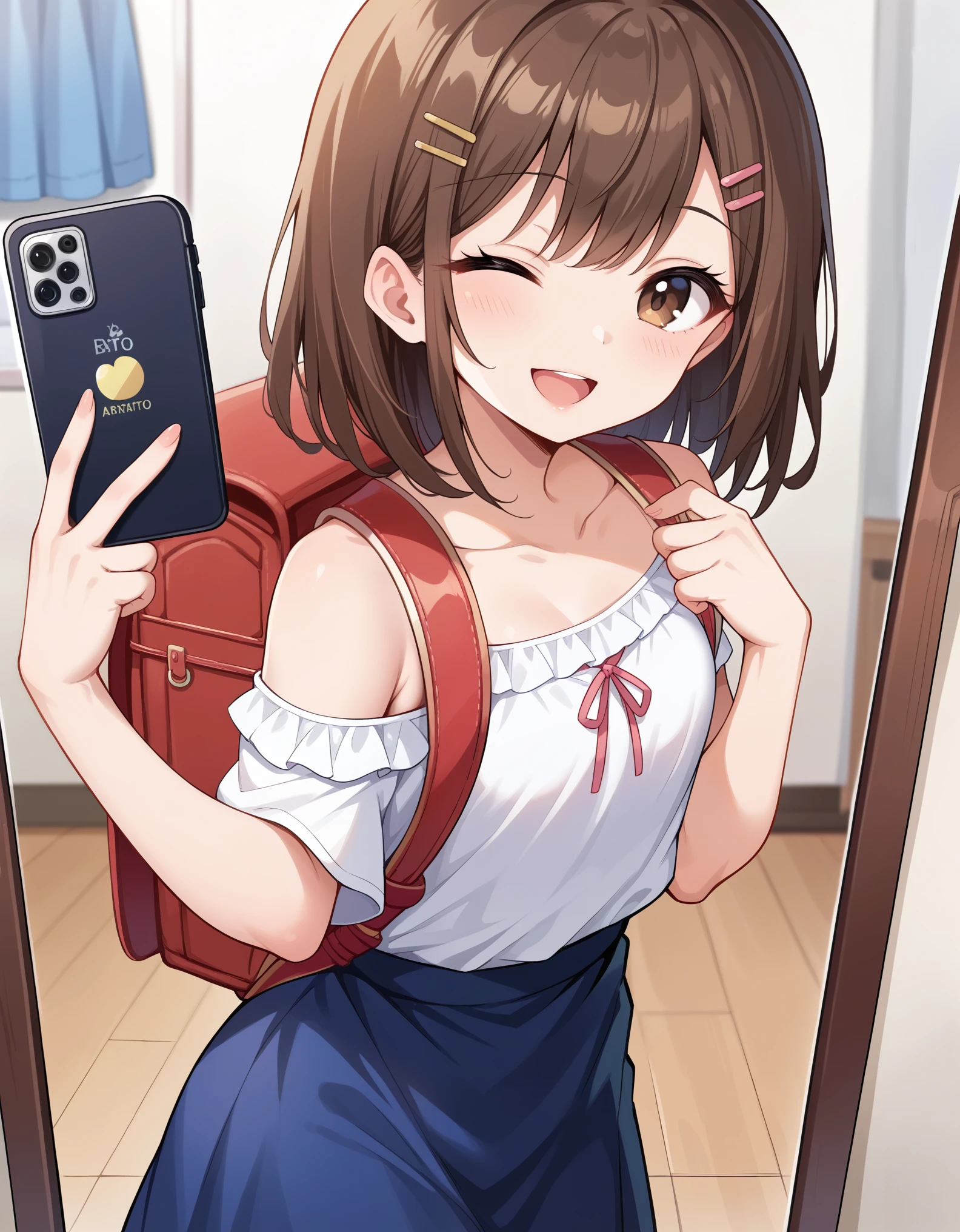 Masterpiece, hd, best quality, 1girl, brown hair, brown eyes, smile, opened mouth, medium hair, hair clip,posing fingers, one eye closed, wearing white shirt, pink bare shoulder, blue skirt, casual outfit, ootd, holding phones, iPhone, mirror selfie, indoor, mirror, standing, wearing red backpack, wearing randoseru backpack