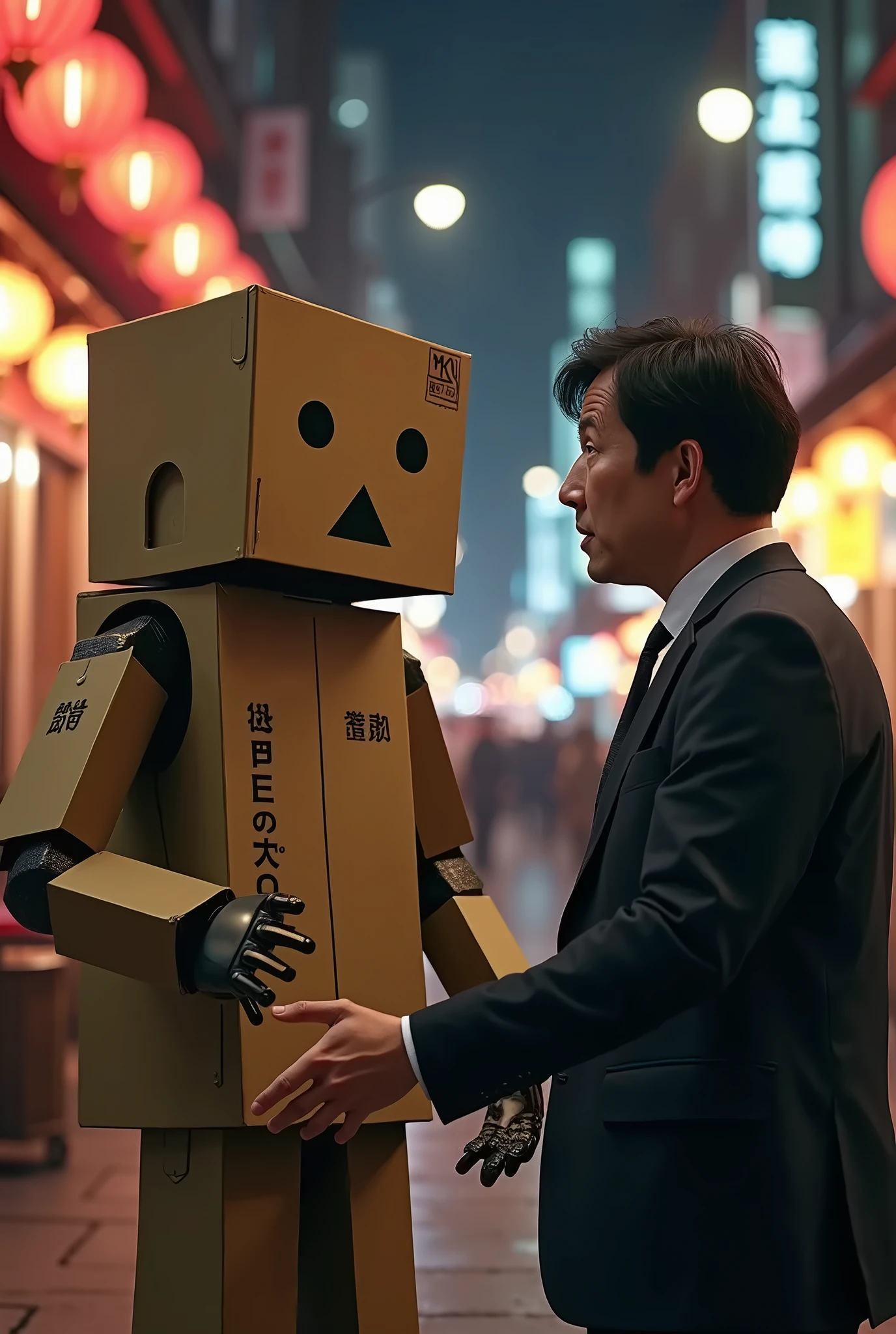 A costumed robot made from a brown cardboard box with a realistic and highly textured appearance, Characters from the manga Yotsuba&amp;!"Dumbo"A person who cosplays as, (On the robot&#39;s face, Black circle eyes, Only the mouth of the black triangle is drawn.), ((The eyes and mouth of the face are holographically processed and light up., 暗がりでぼんやりと光るDumbo)), A dark bar street in a busy downtown area, Dumboと鉢合わせしてダイナミックなポーズで驚くビジネスマンの後ろ姿, Night drinking district, A bar with red lanterns hanging, Draw a person with cardboard boxes covering almost all parts of their body., ((Mr.々Please express your emotions through your gestures., The pose is up to you)), As realistic as a photo、Very sophisticated、Hyperrealistic、8k、masterpiece、Vibrant colors、Dramatic lighting、Cinematic lighting、Vibrant colors彩。